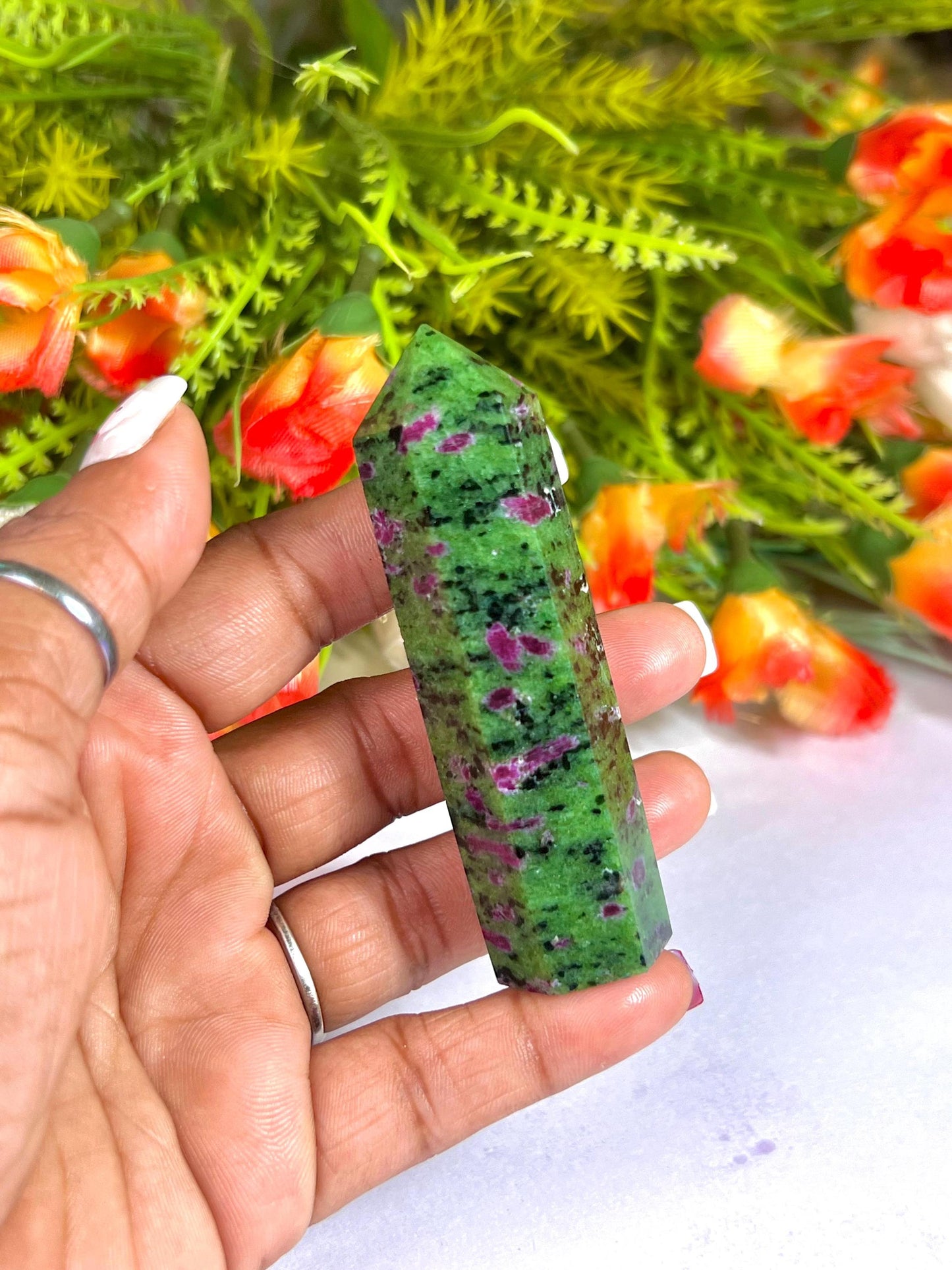African Ruby Zoisite Stone Tower Pencil Point Generator-Gemstone Pencil Crystal Tower Wand Stone Obelisk -Home Car Decor Decoration 3" To 4"