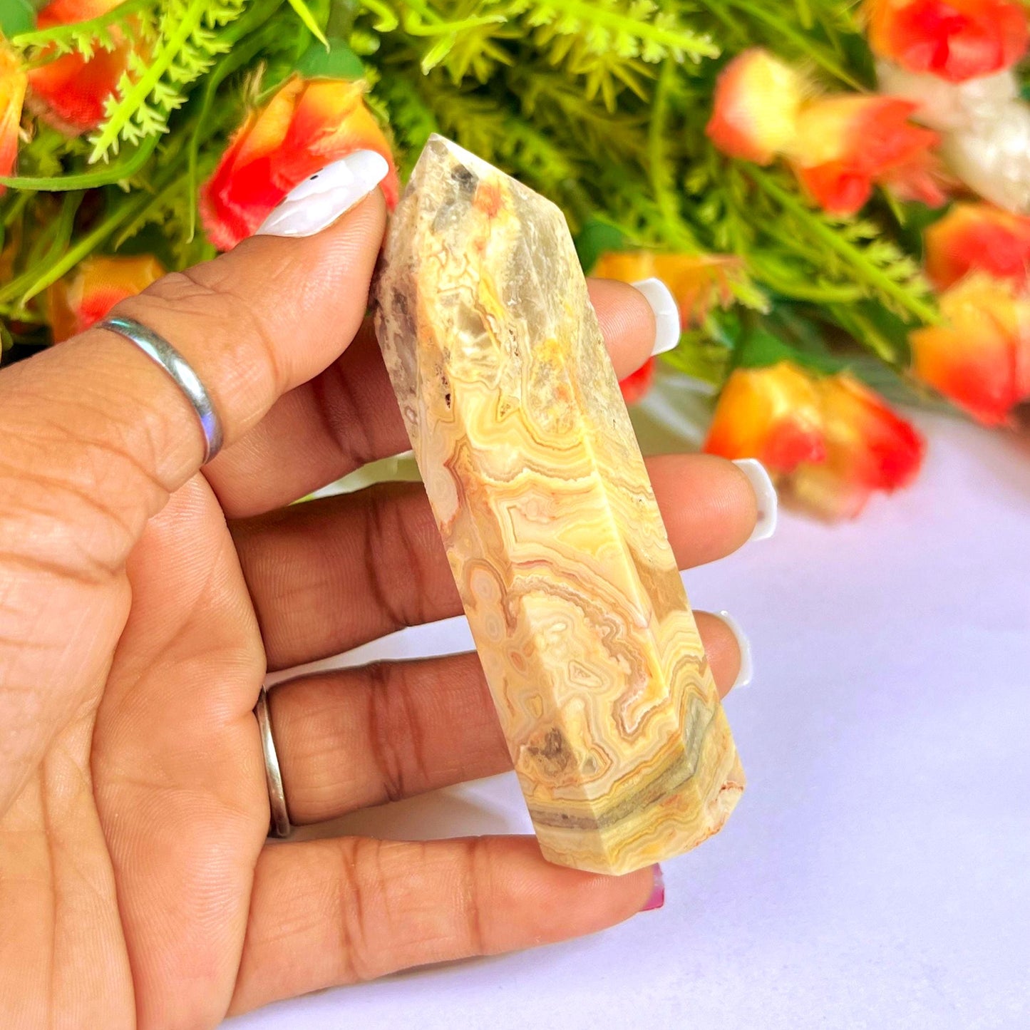 Crazy Lace Agate Stone Tower Pencil Point Generator-Gemstone Pencil Crystal Tower Wand Stone Obelisk -Home Car Decor Decoration 3" To 4"