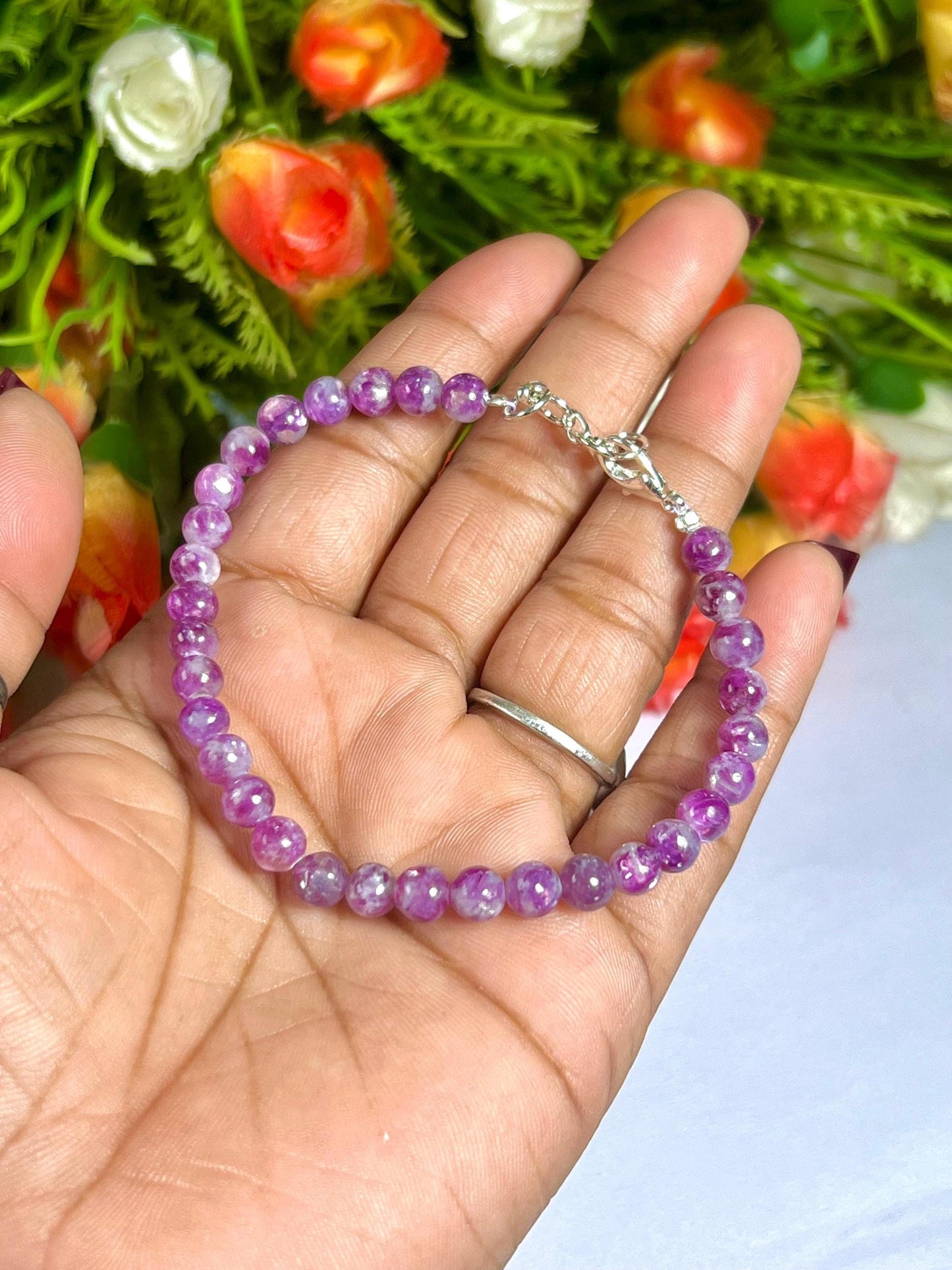 5.8 MM Red Purple Star Lepidolite Stone Bracelet l Stretchable Bracelet l Unisex Bracelet