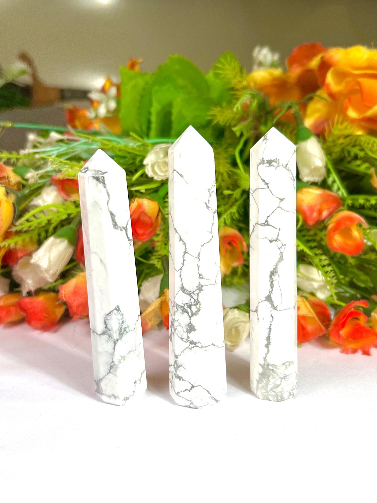 Howlite Stone Tower Pencil Point Generator-Gemstone Pencil Crystal Tower Wand Stone Obelisk -Home Car Decor Decoration 3" To 4"