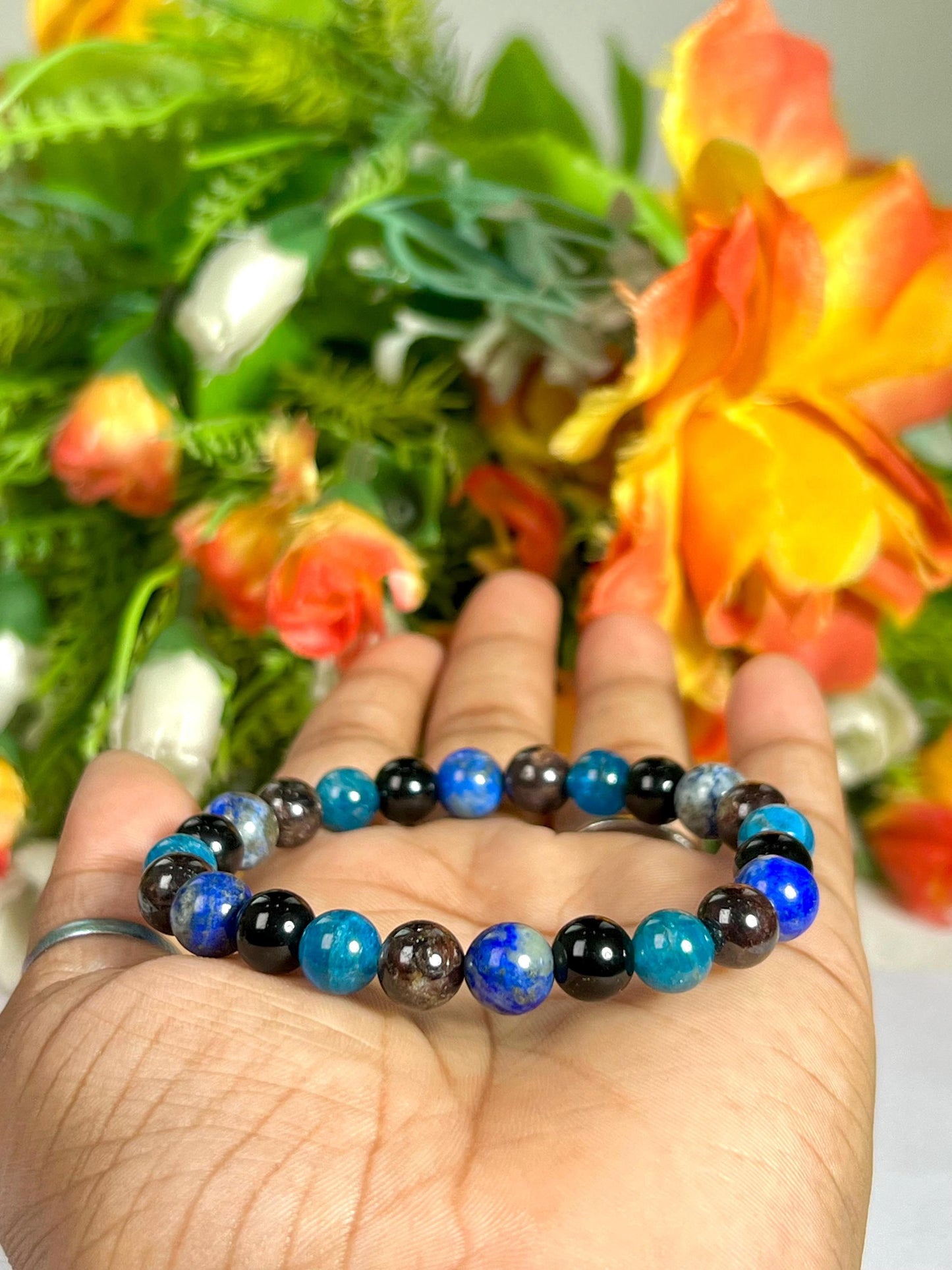 Capricorn Zodiac Sign Stone Bracelet Planet Saturn Element Earth Bracelet, Garnet, Lapis Lazuli, R Obsidian, B Apatite Bracelet 8 mm