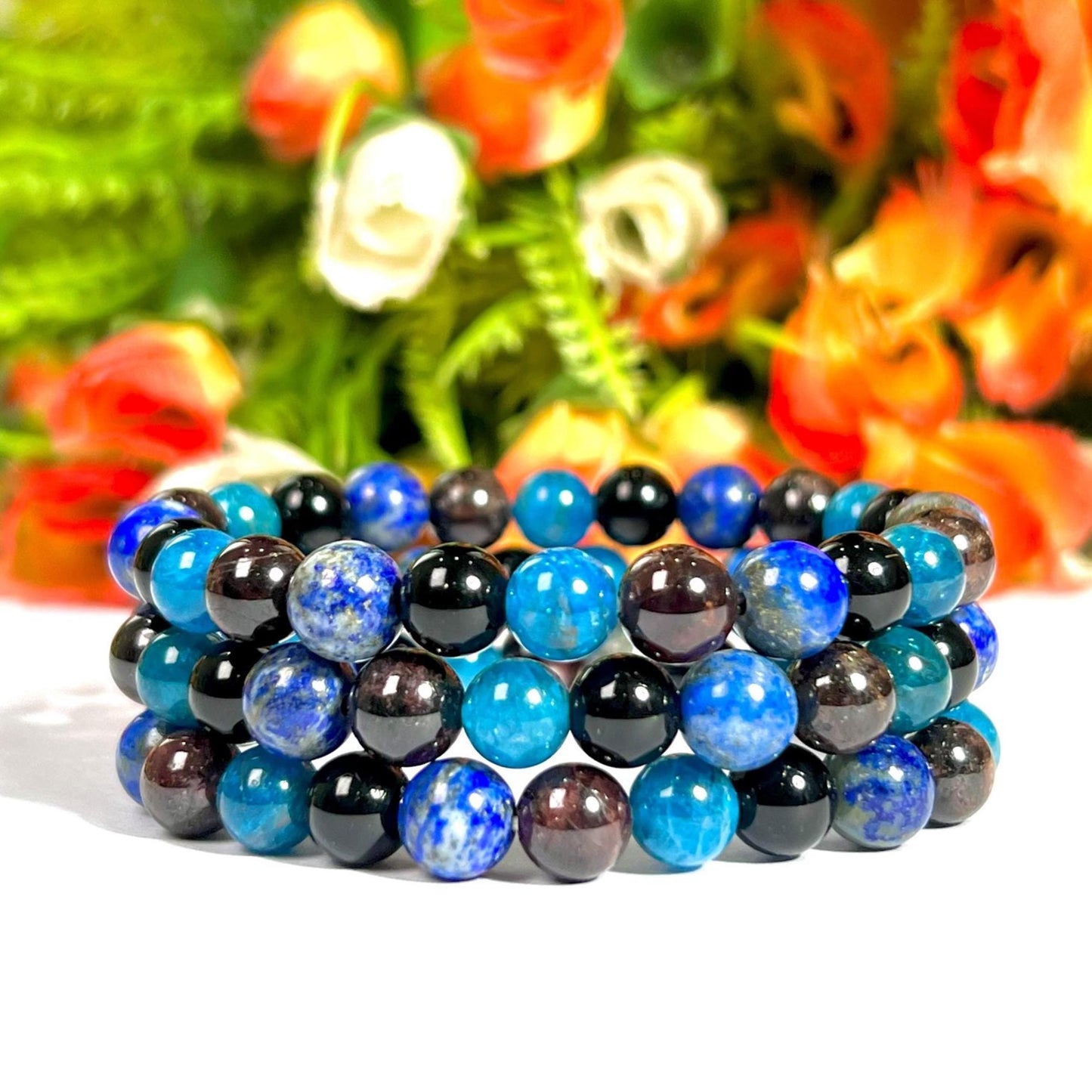 Capricorn Zodiac Sign Stone Bracelet Planet Saturn Element Earth Bracelet, Garnet, Lapis Lazuli, R Obsidian, B Apatite Bracelet 8 mm