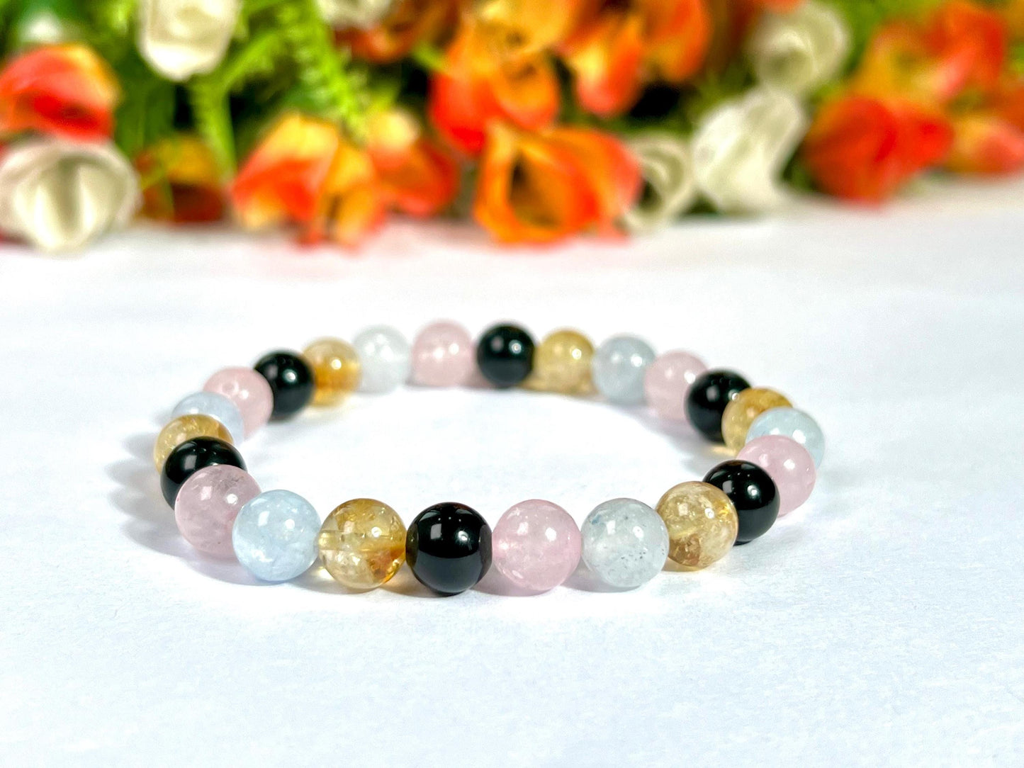 Scorpio Zodiac Sign Stone Bracelet Planet Mars Element Water Bracelet Aquamarine ,Citrine , Black Tourmaline, Rose Quartz Bracelet 8 mm