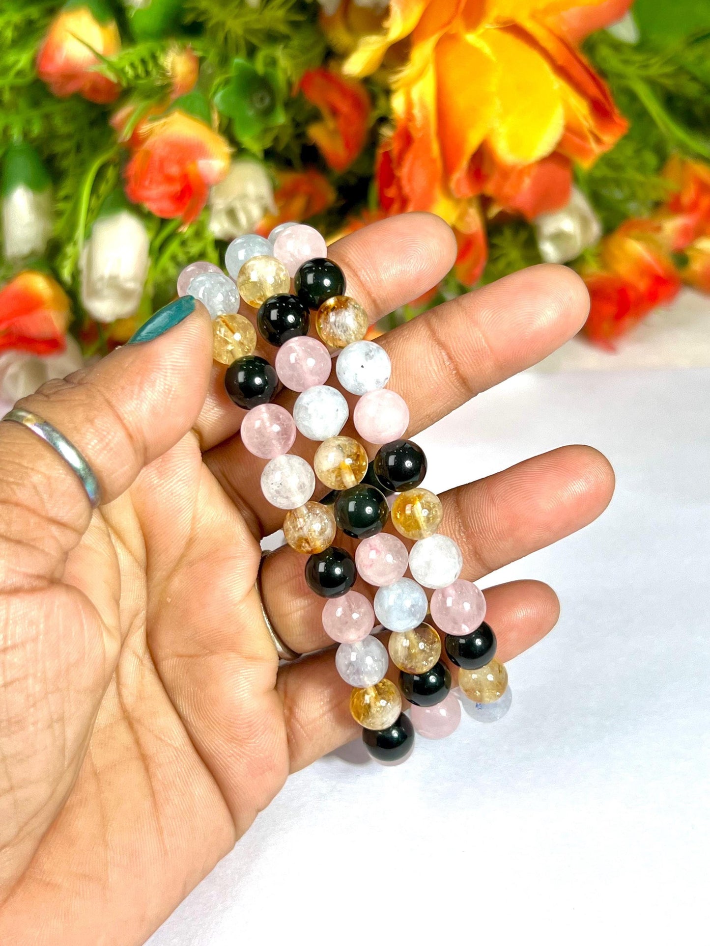 Scorpio Zodiac Sign Stone Bracelet Planet Mars Element Water Bracelet Aquamarine ,Citrine , Black Tourmaline, Rose Quartz Bracelet 8 mm