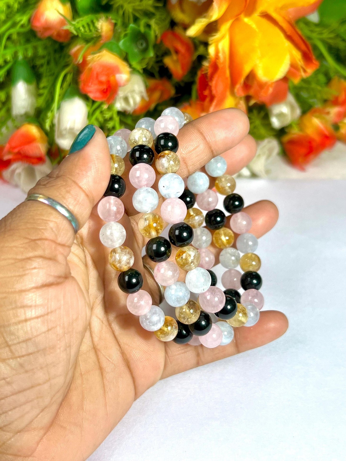 Scorpio Zodiac Sign Stone Bracelet Planet Mars Element Water Bracelet Aquamarine ,Citrine , Black Tourmaline, Rose Quartz Bracelet 8 mm