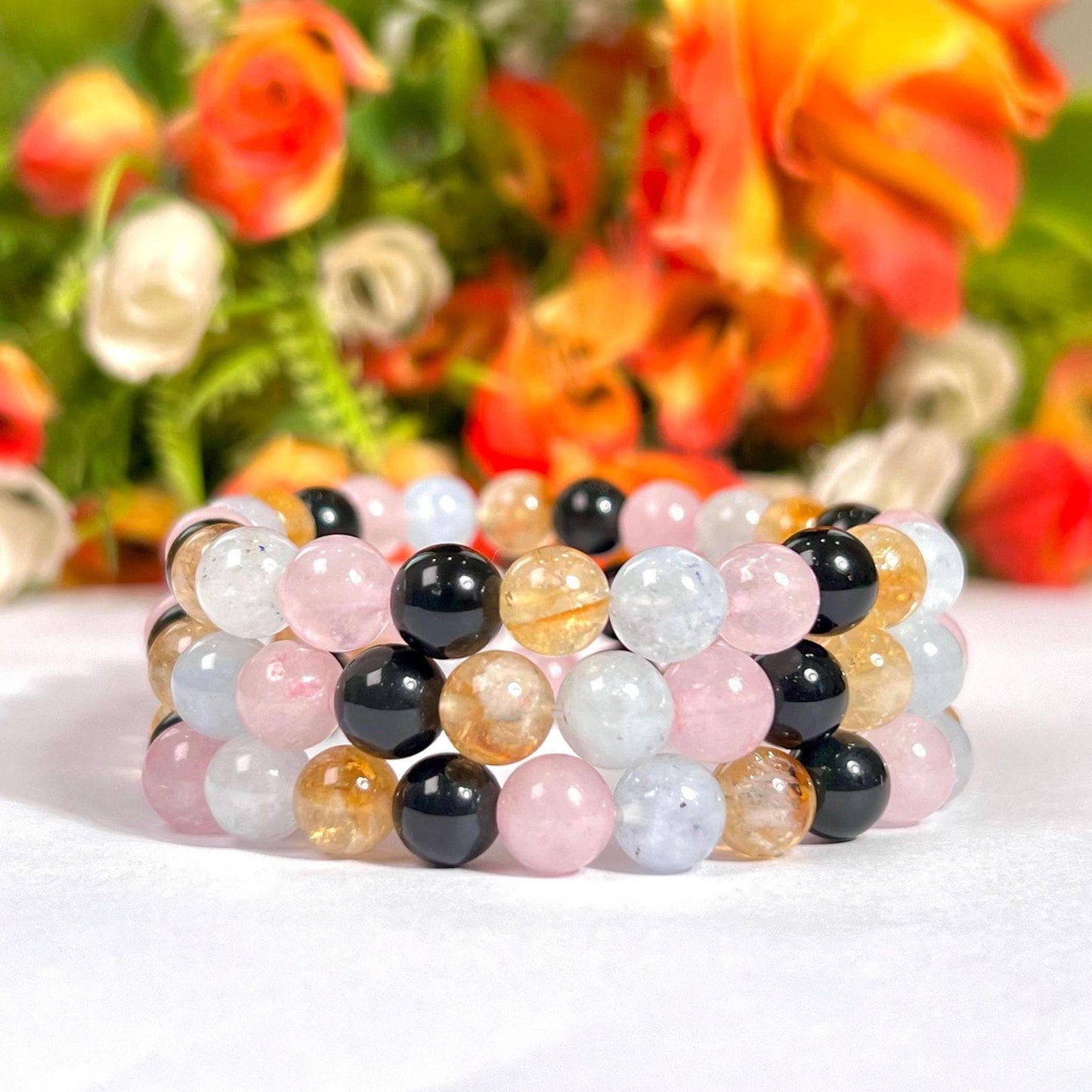 Scorpio Zodiac Sign Stone Bracelet Planet Mars Element Water Bracelet Aquamarine ,Citrine , Black Tourmaline, Rose Quartz Bracelet 8 mm