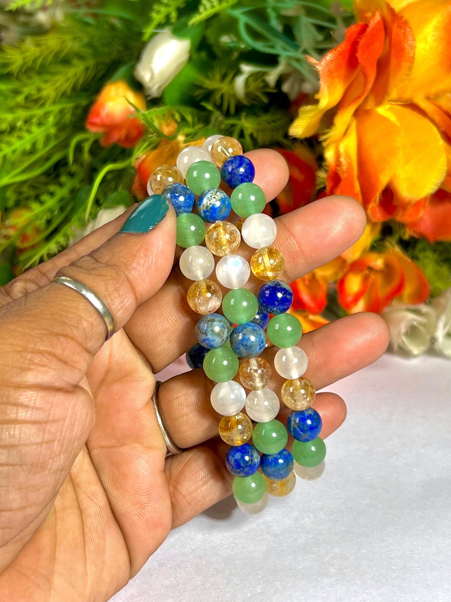 Libra Zodiac Sign Stone Bracelet Planet Venus Bracelet Element Air Bracelet Lapis Lazuli, Citrine ,R Moonstone, G Aventurine Bracelet 8 mm