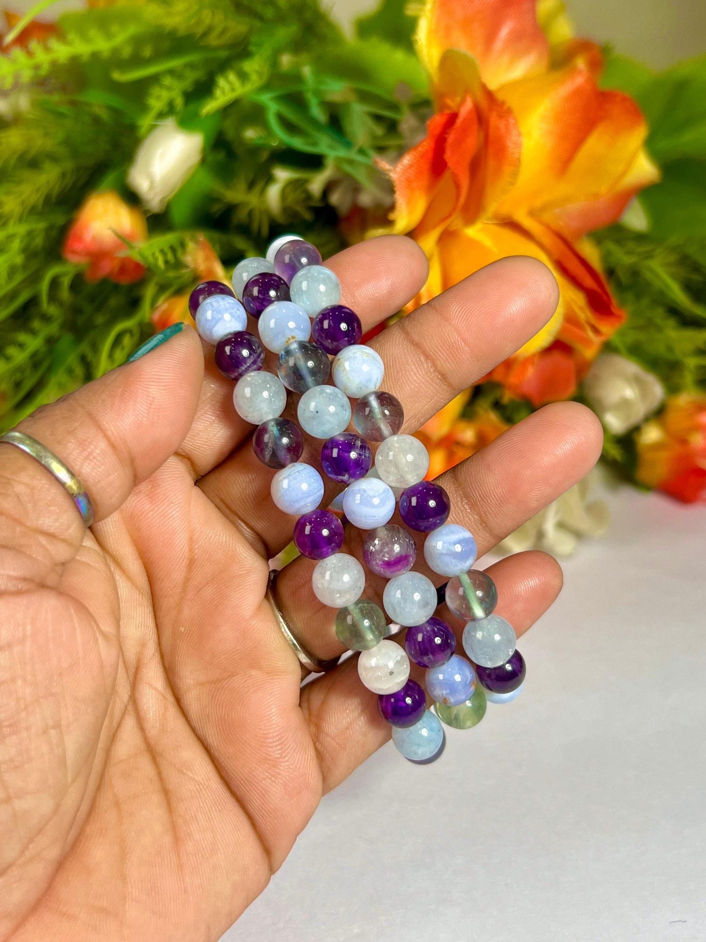 Pisces Zodiac Sign Stone Bracelet | Planet Neptune Element Water Bracelet | Blue Lace Agate, Amethyst, Aquamarine, Fluorite Bracelet