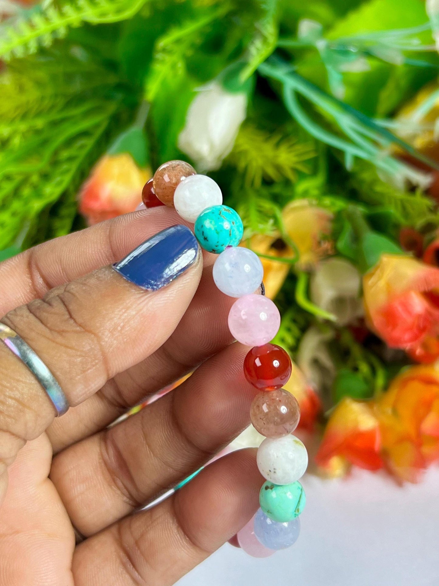 Thinking Of You Soon Crystal Stone, Carnelian, Rose Quartz, Aquamarine ,Turquoise, Rainbow Moonstone, Sunstone, Stone Bracelet 8 mm