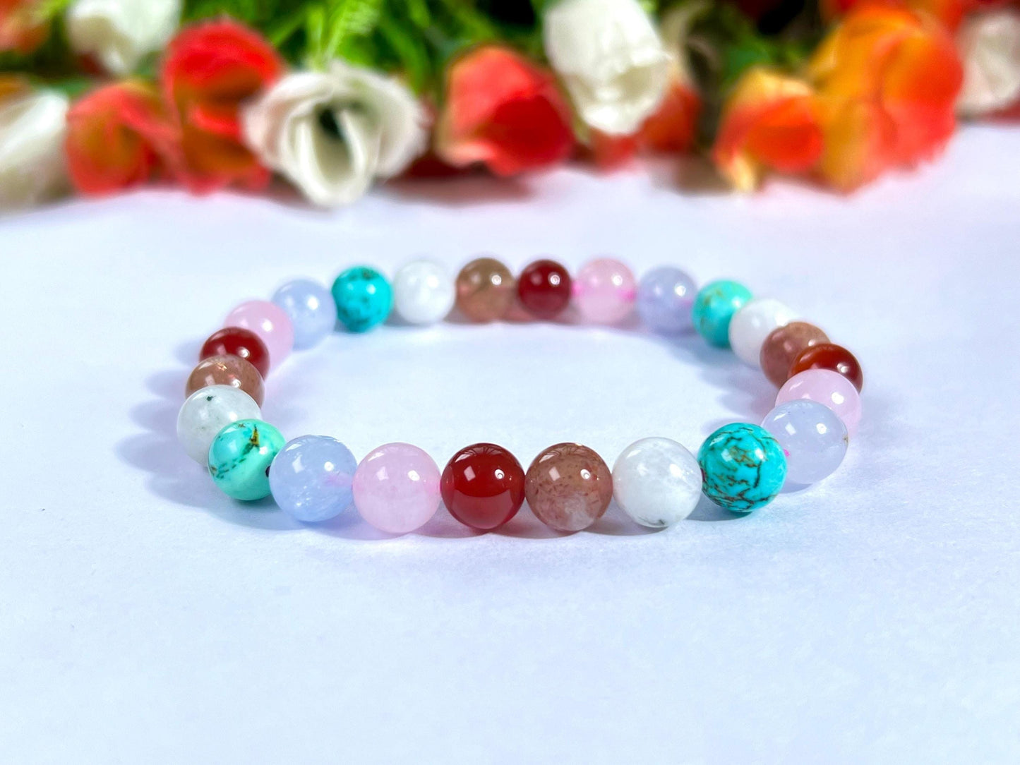 Thinking Of You Soon Crystal Stone, Carnelian, Rose Quartz, Aquamarine ,Turquoise, Rainbow Moonstone, Sunstone, Stone Bracelet 8 mm