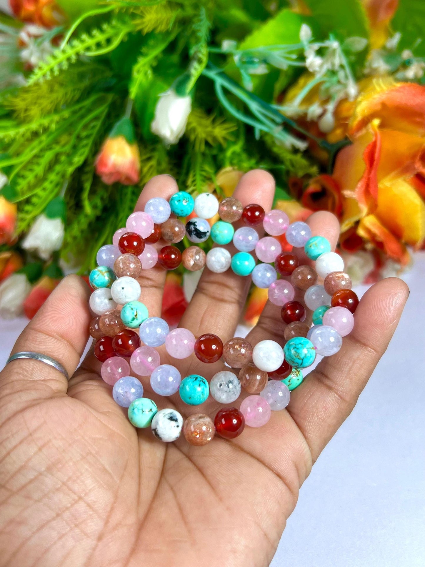 Thinking Of You Soon Crystal Stone, Carnelian, Rose Quartz, Aquamarine ,Turquoise, Rainbow Moonstone, Sunstone, Stone Bracelet 8 mm