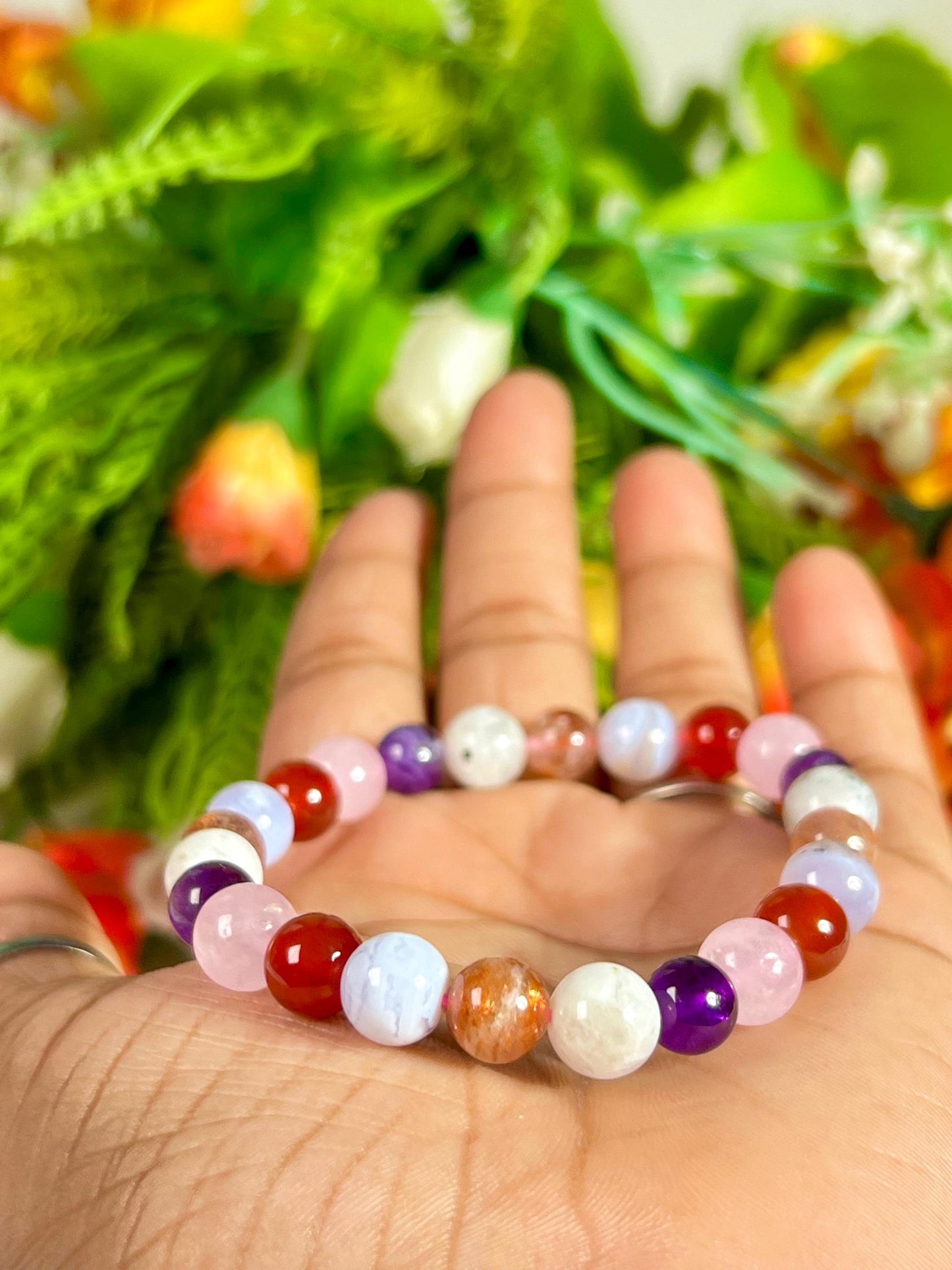 Fertility and Pregnancy Crystal Bracelet – Rose Quartz, Carnelian, Aquamarine, Sunstone, Rainbow Moonstone, Amethyst & Blue Lace Agate