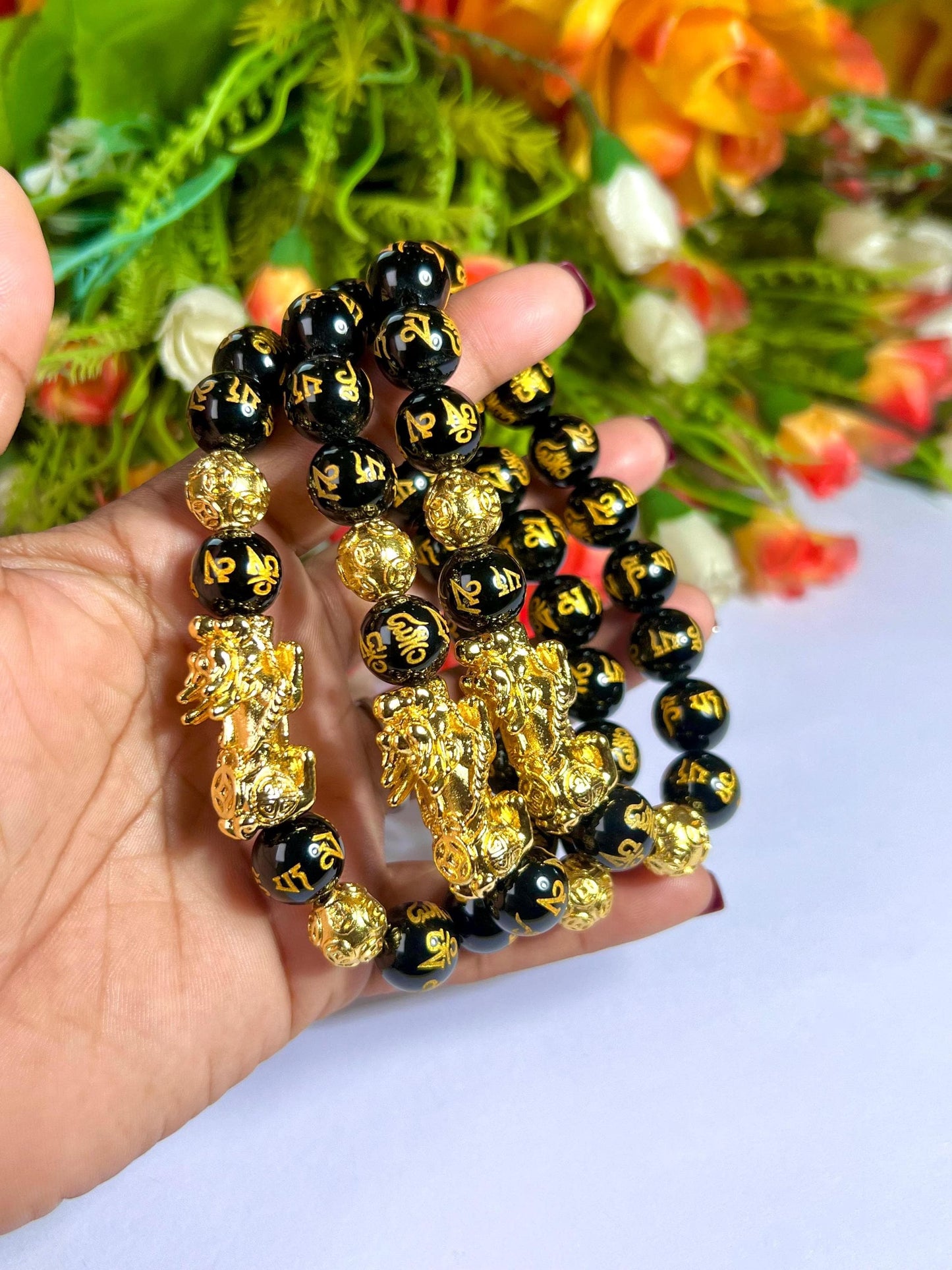 Feng Shui Pixiu Bead with Black Obsidian Om Mani Padme Hum Stone Bracelet 8mm Wealth Bracelet, Protection Healing Bracelet Gift for Unisex