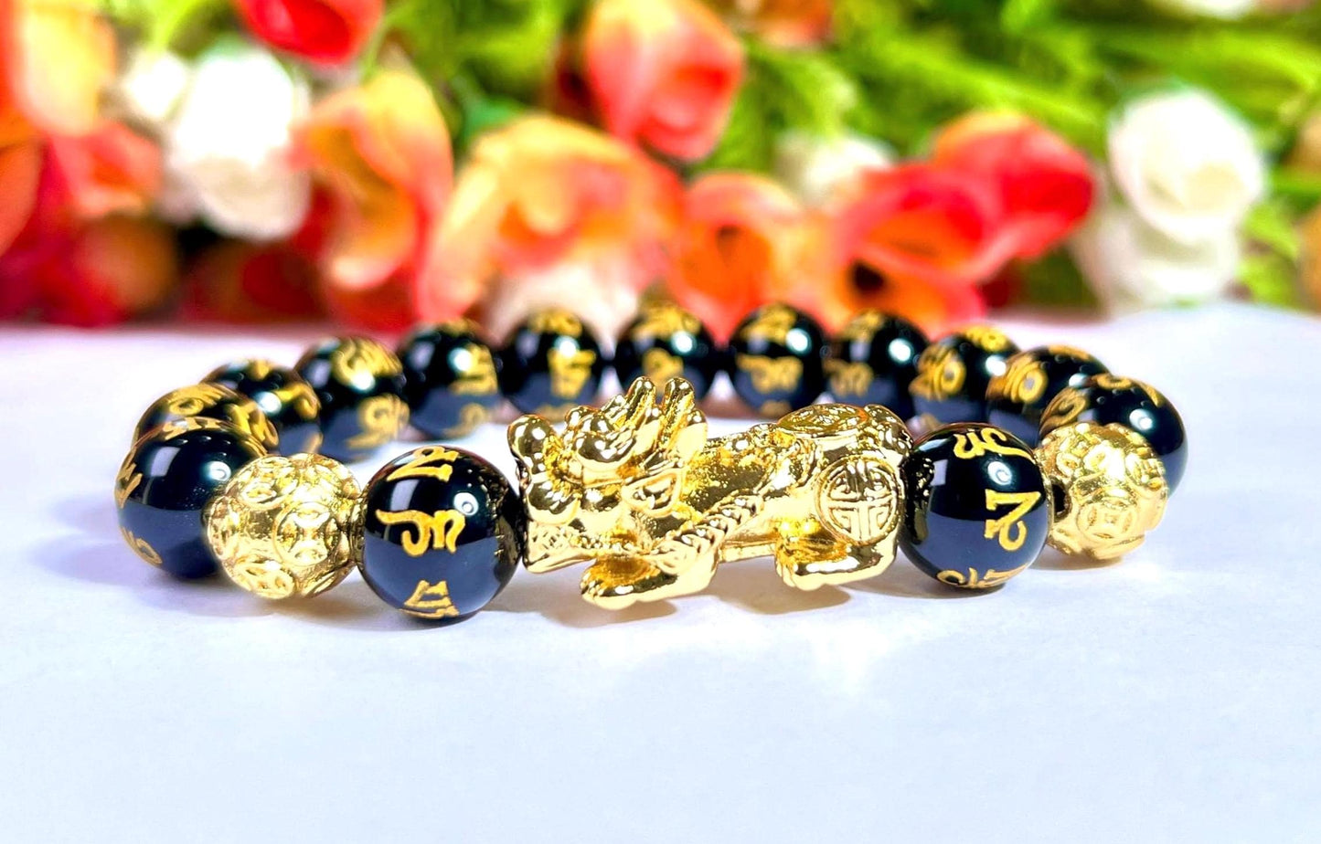 Feng Shui Pixiu Bead with Black Obsidian Om Mani Padme Hum Stone Bracelet 8mm Wealth Bracelet, Protection Healing Bracelet Gift for Unisex