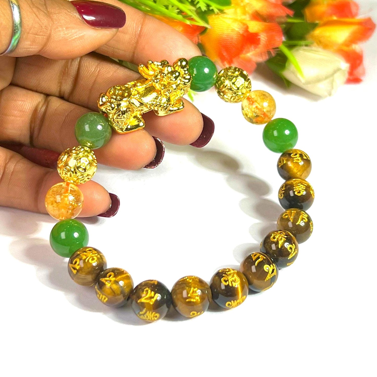Feng Shui Pixiu Bead with Tiger Eye Om Mani Padme Hum With Citrine & Green Aventurine Stone Wealth Bracelet