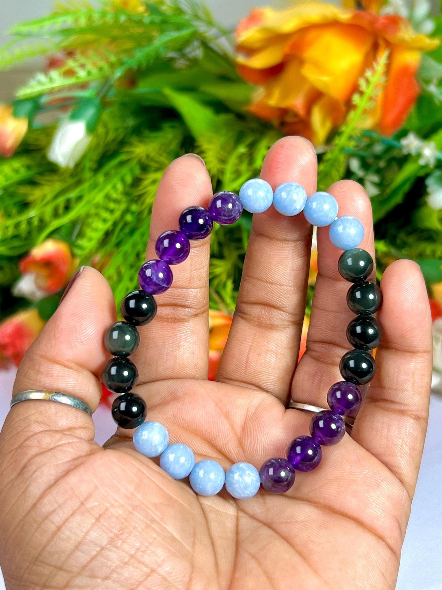 Pain Relief Crystal Bracelet – Amethyst, Rainbow Obsidian & Angelite – 8mm Natural Gemstone Beads