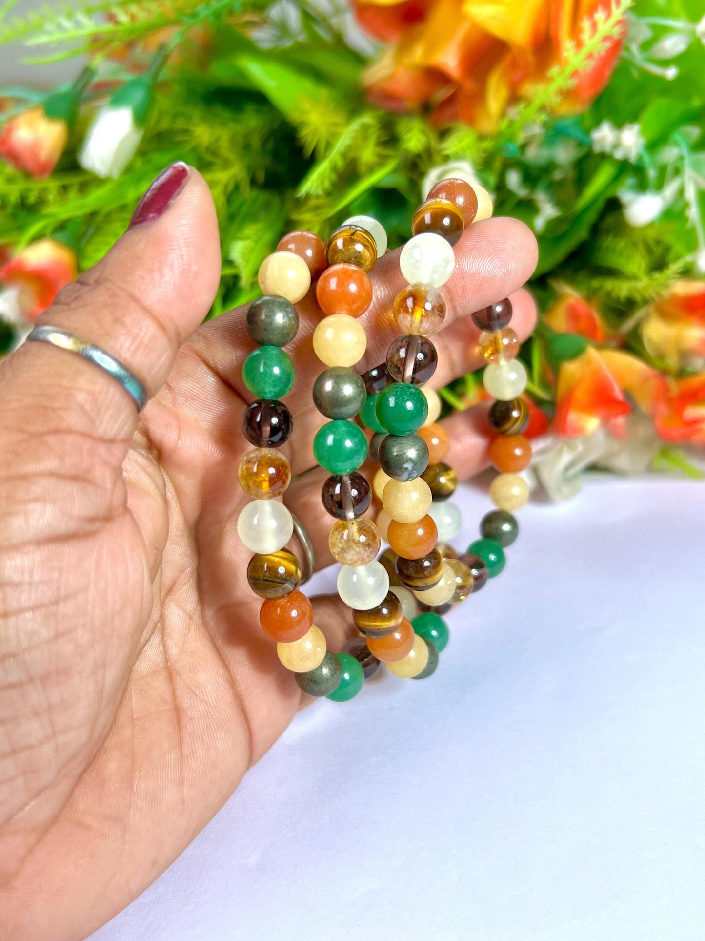 Menifest Abundance Prosperity Tiger's Eye, Barma Jade,Smoky Quartz,Pyrite ,Yellow Calcite,Red and Green Aventurine Stone 8 MM Beads Bracelet