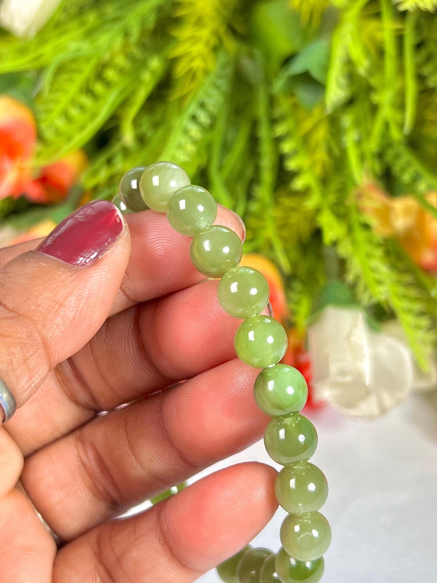 Chinese Olive Green Jade Stone Bracelet l Stretchable Bracelet l Unisex Bracelet l 8 MM Bracelet