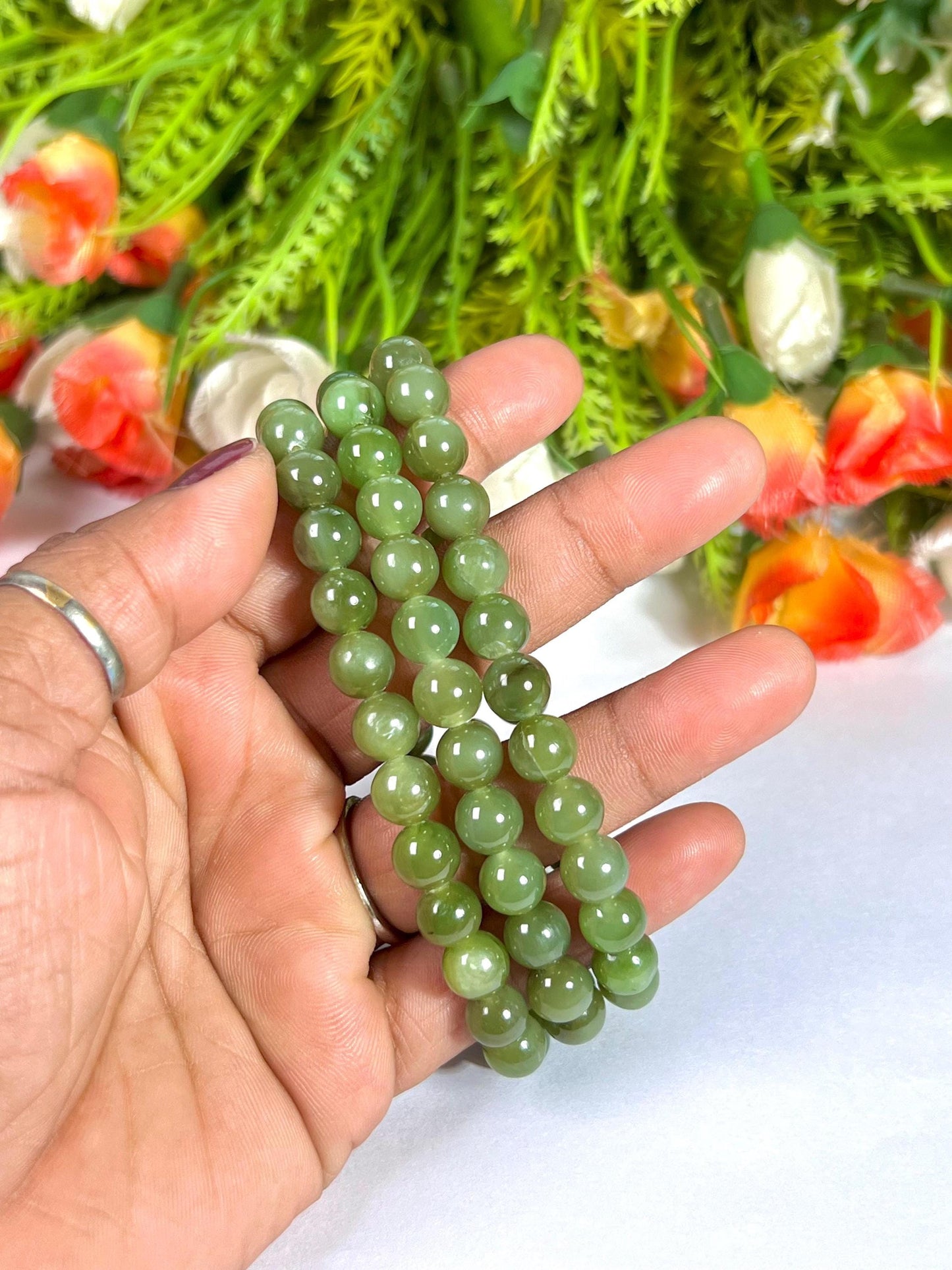 Chinese Olive Green Jade Stone Bracelet l Stretchable Bracelet l Unisex Bracelet l 8 MM Bracelet
