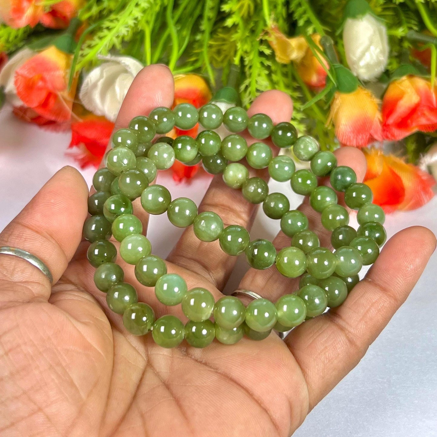 Chinese Olive Green Jade Stone Bracelet l Stretchable Bracelet l Unisex Bracelet l 8 MM Bracelet