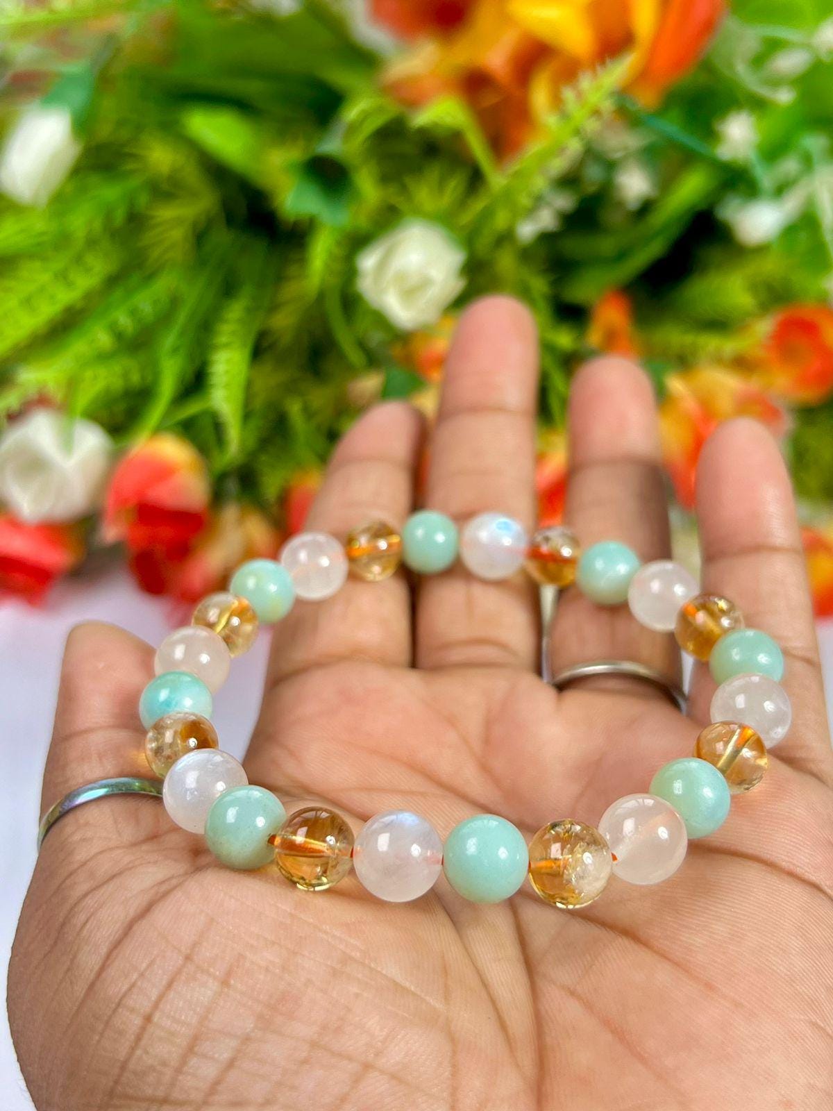 For Daughter Bracelet l Citrine, Rainbow Moonstone, Amazonite Stone 8 MM Beads Bracelet