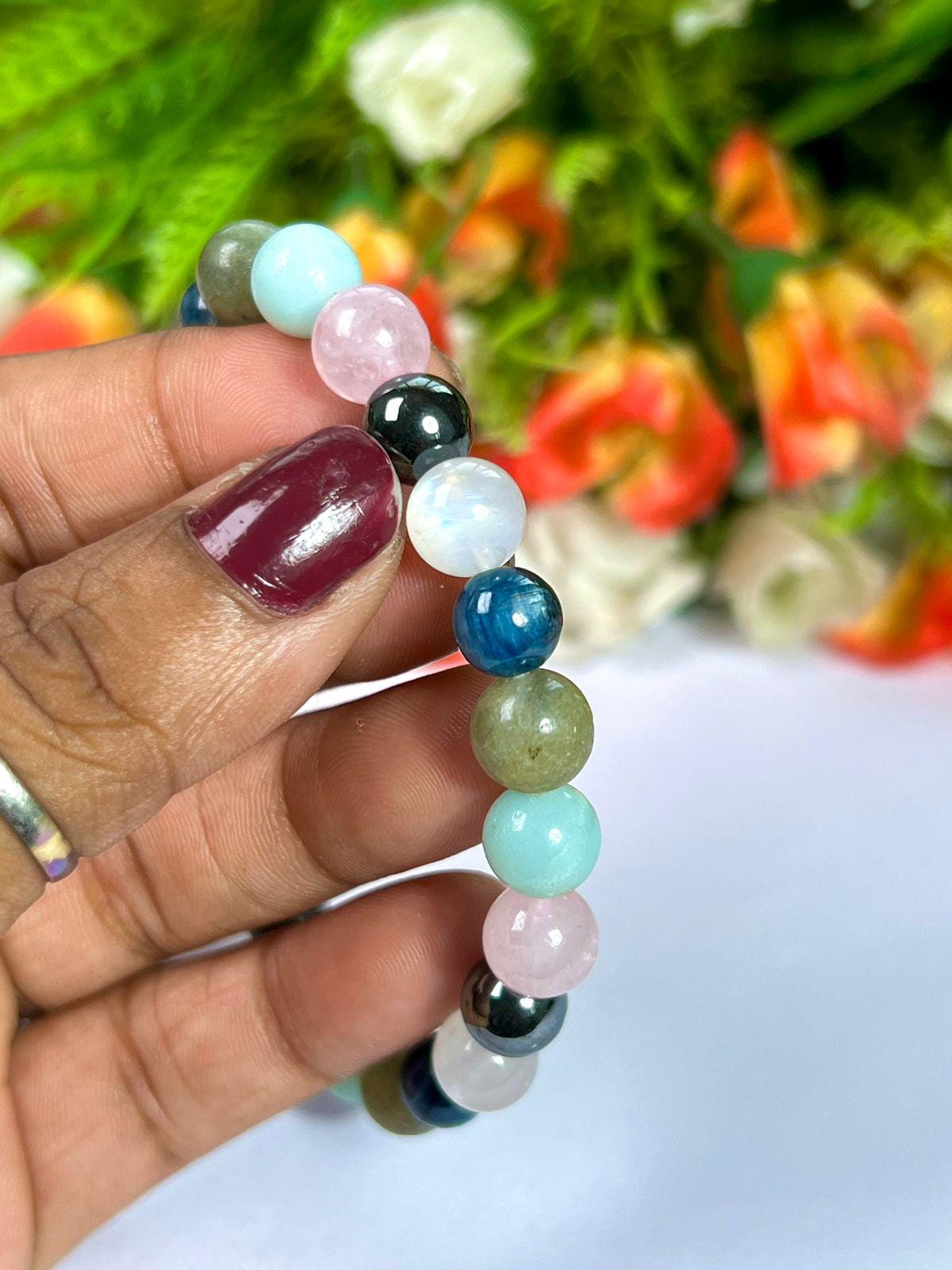 Wish Come True labradorite, Blue Kyanite, Rainbow Moonstone, Hematite, Rose Quartz, Amazonite Stone 8 MM Beads Bracelet