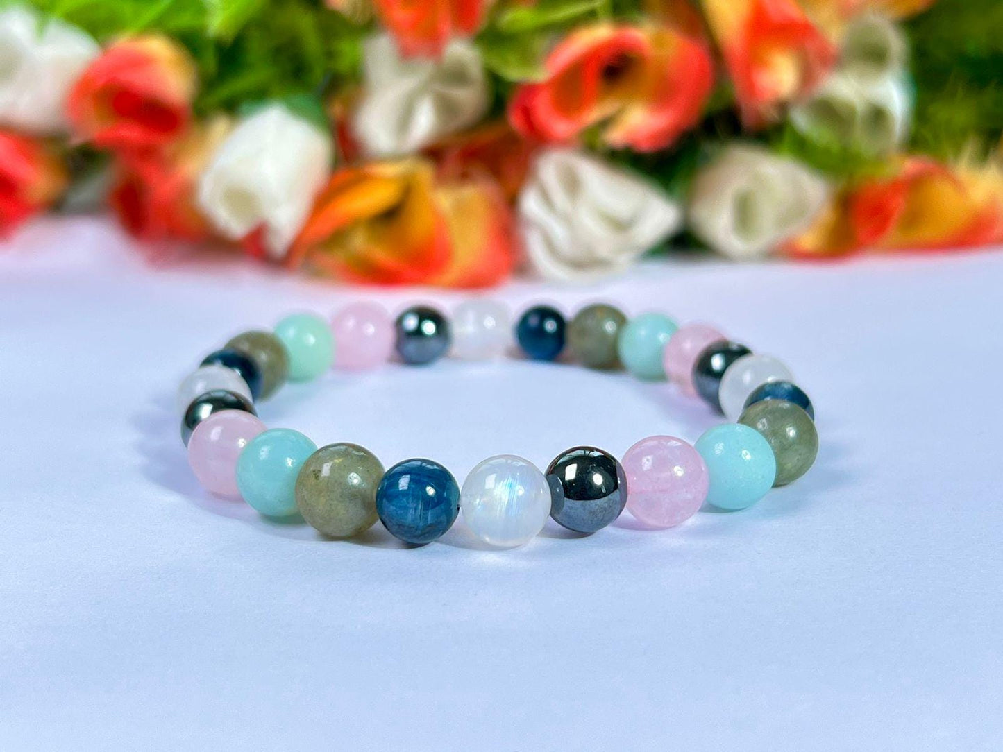 Wish Come True labradorite, Blue Kyanite, Rainbow Moonstone, Hematite, Rose Quartz, Amazonite Stone 8 MM Beads Bracelet