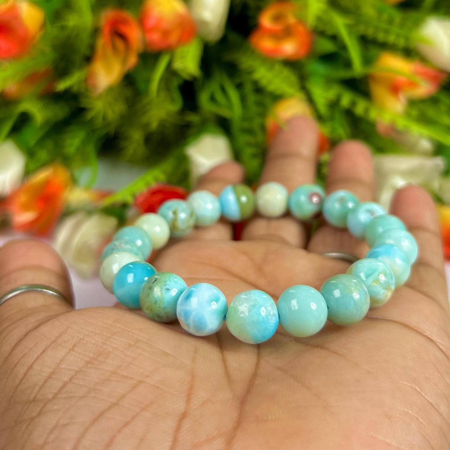 10 MM Dominican Republic Larimar Stone Bracelet l Stretchable Bracelet l Unisex Bracelet