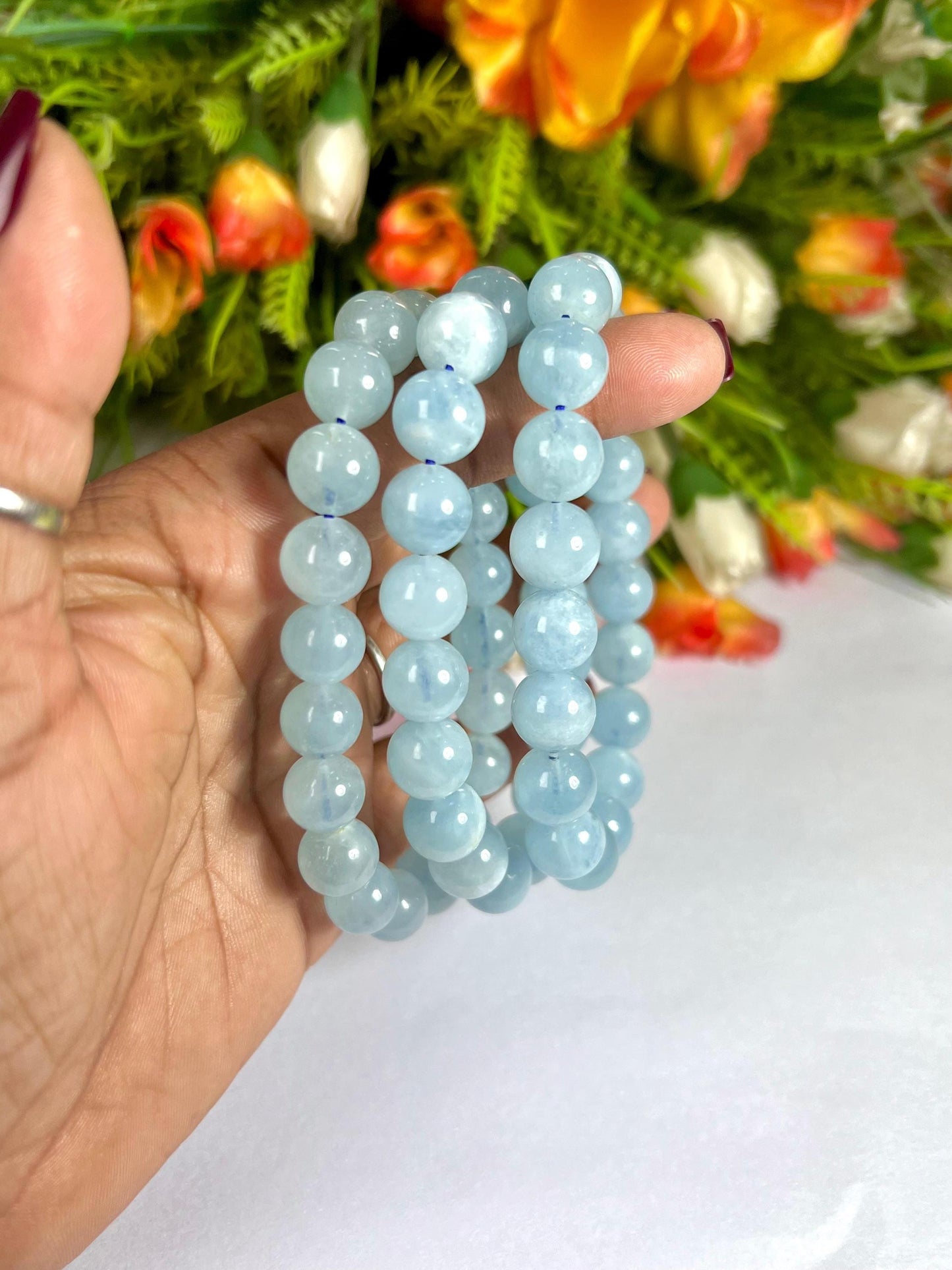 10 MM Aquamarine Stone Bracelet l Stretchable Bracelet l Unisex Bracelet