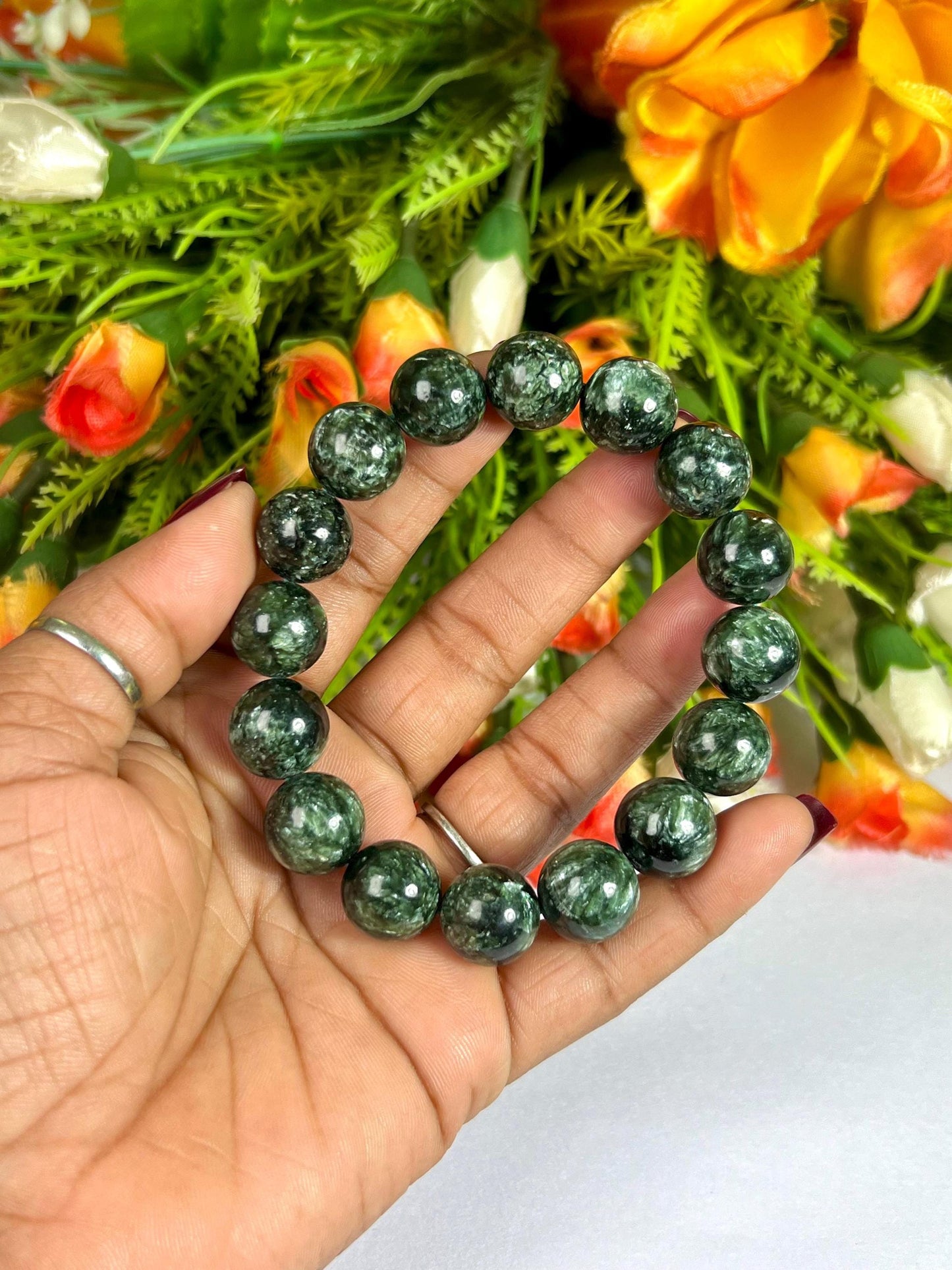 13 MM Seraphinite Stone Bracelet l Stretchable Bracelet l Unisex Bracelet