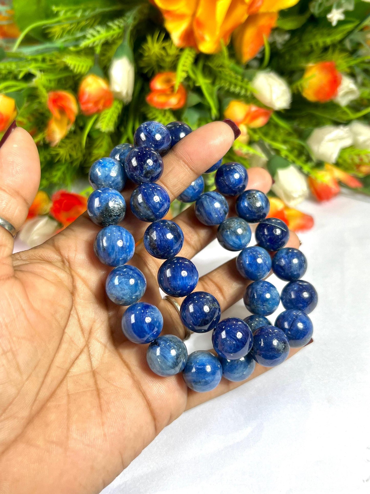 14 MM Blue Kyanite Stone Bracelet l Stretchable Bracelet l Unisex Bracelet