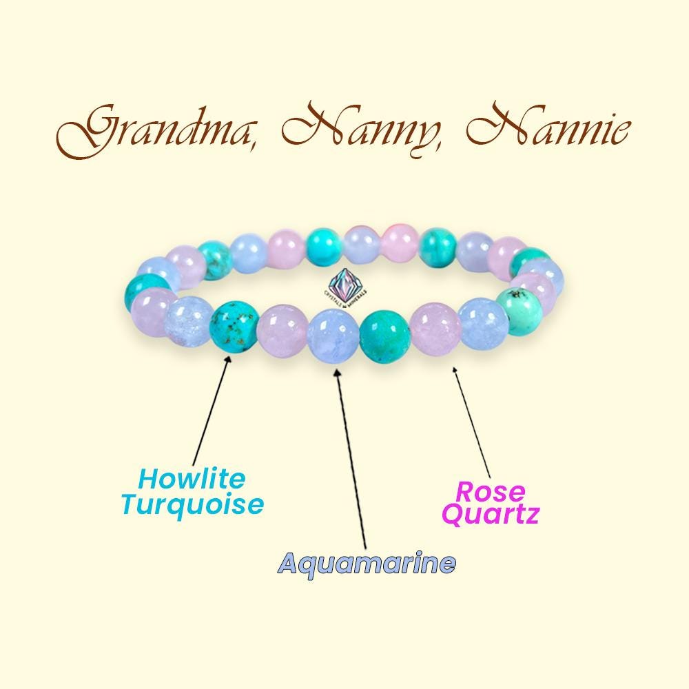 For Grandmother, Grandma, Nanny, Nannie, Granny, Bracelet l Howlite Turquoise ,Aquamarine , Rose Quartz Stone 8 MM Beads Bracelet