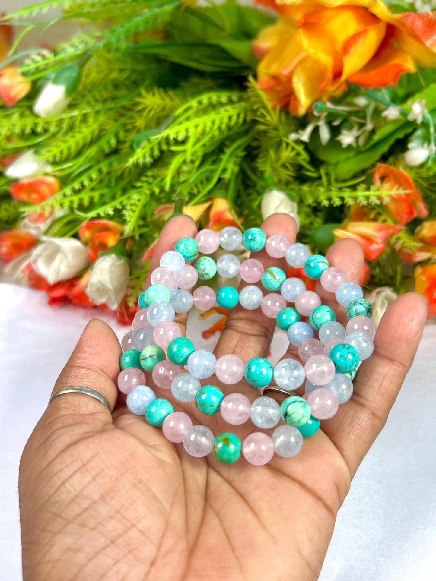 For Grandmother, Grandma, Nanny, Nannie, Granny, Bracelet l Howlite Turquoise ,Aquamarine , Rose Quartz Stone 8 MM Beads Bracelet
