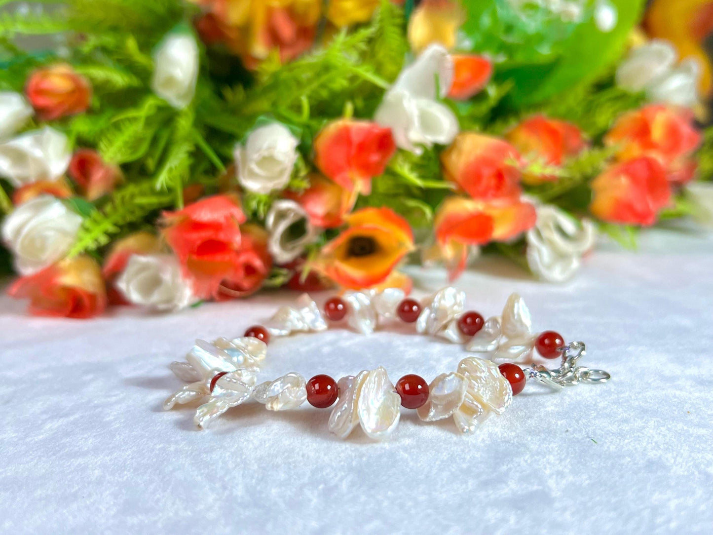 Pearl with Carnelian Stone Bracelet l Adjustable Bracelet l Unisex Bracelet