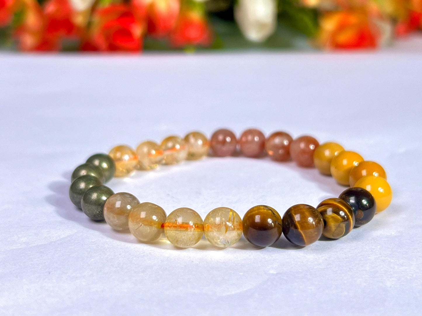 Solar Plexus Chakra Stone Bracelet Citrine, Sunstone, Yellow Jasper, Tiger's Eye, GoldenRutile, Pyrite 8 MM Beads Bracelet