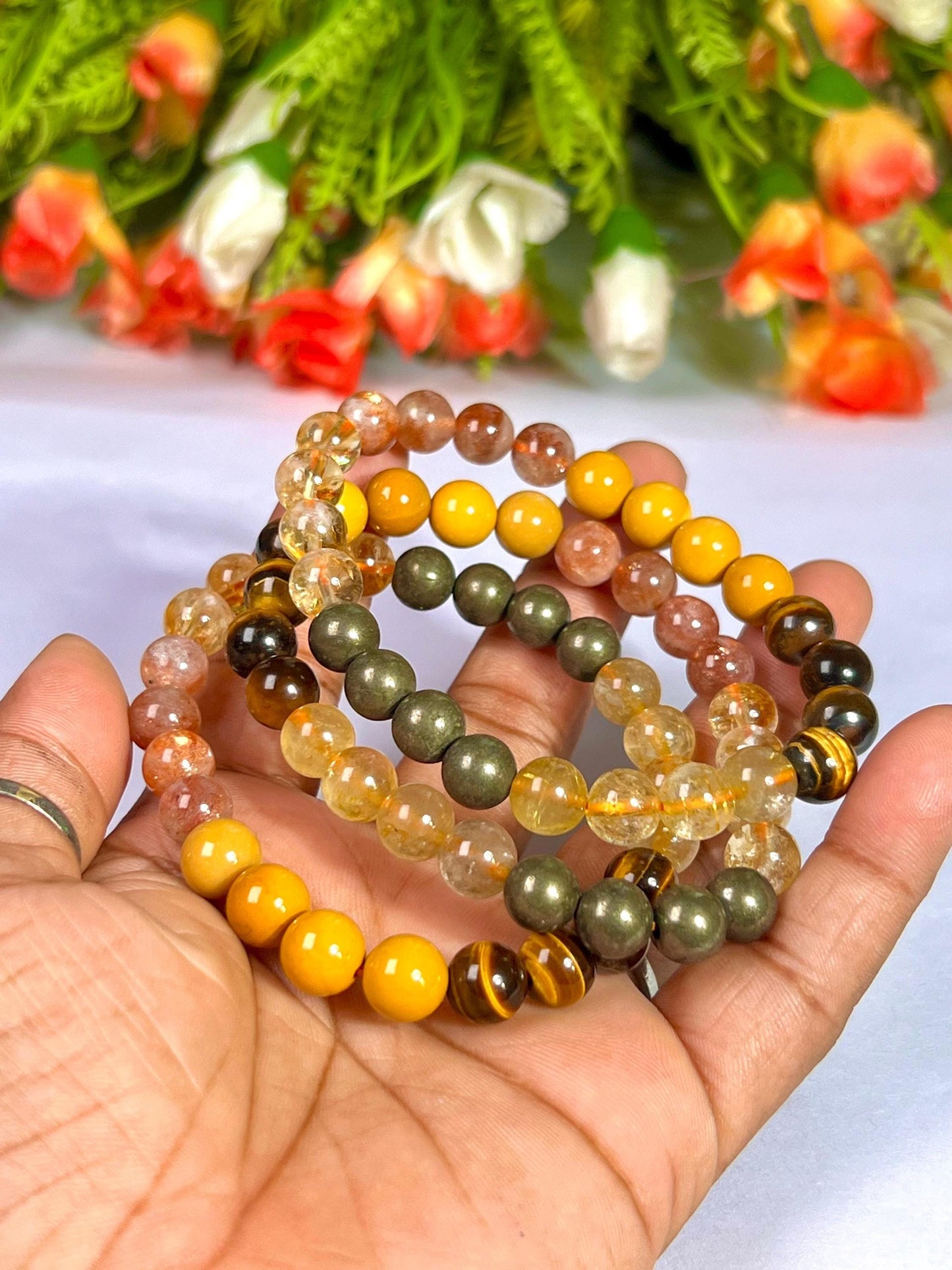 Solar Plexus Chakra Stone Bracelet Citrine, Sunstone, Yellow Jasper, Tiger's Eye, GoldenRutile, Pyrite 8 MM Beads Bracelet