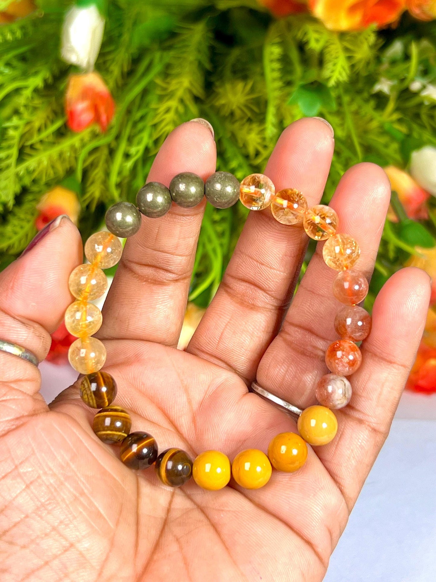 Solar Plexus Chakra Stone Bracelet Citrine, Sunstone, Yellow Jasper, Tiger's Eye, GoldenRutile, Pyrite 8 MM Beads Bracelet