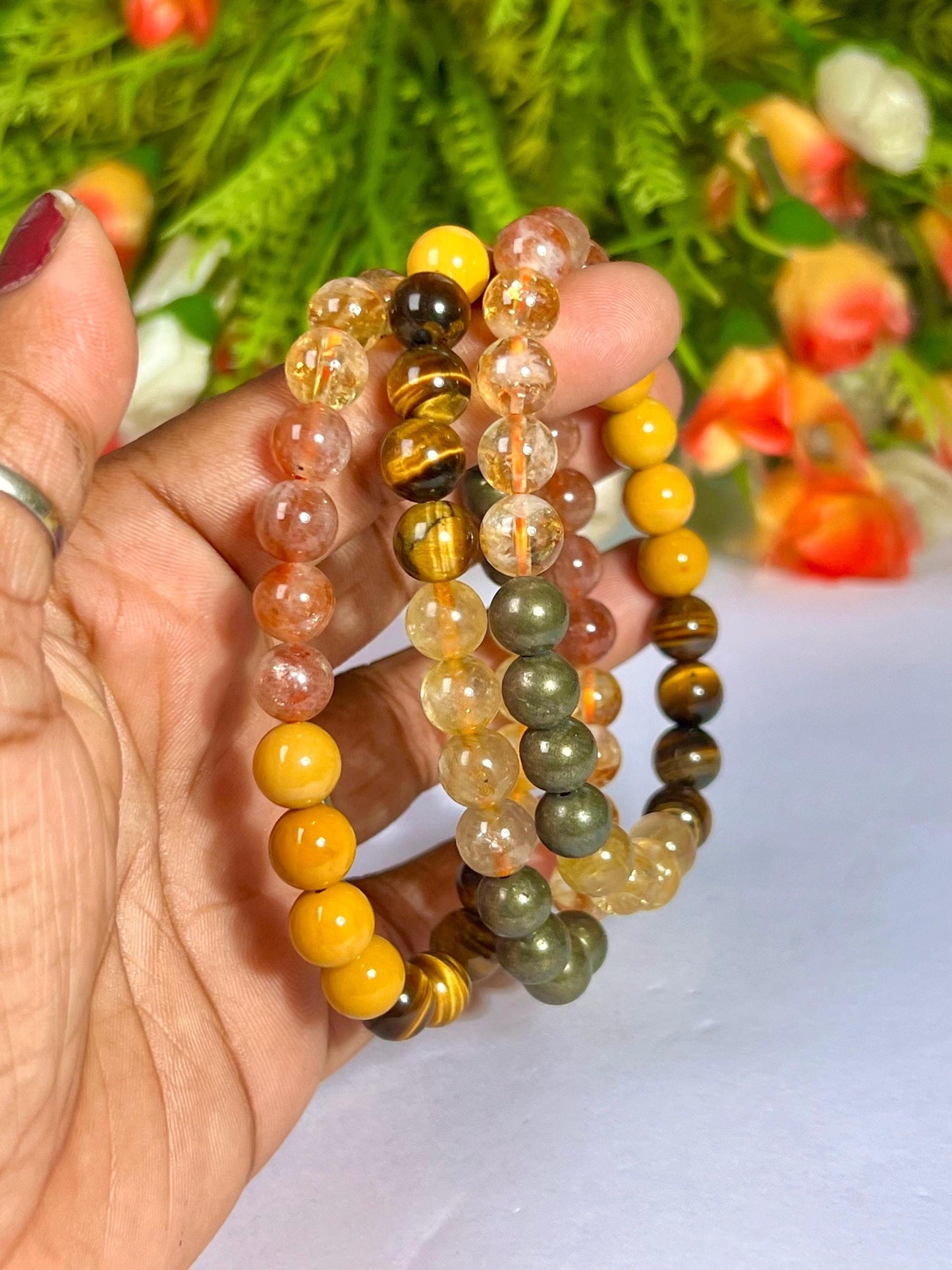 Solar Plexus Chakra Stone Bracelet Citrine, Sunstone, Yellow Jasper, Tiger's Eye, GoldenRutile, Pyrite 8 MM Beads Bracelet