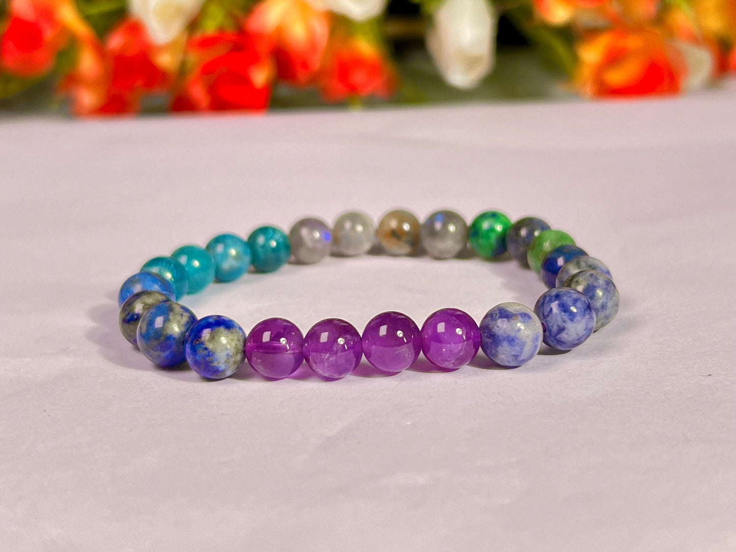 Third Eye Chakra Stone Bracelet Labradorite, Blue Apatite, Lapis Lazuli, Amethyst, Sodalite, Azurite 8 MM Beads Bracelet