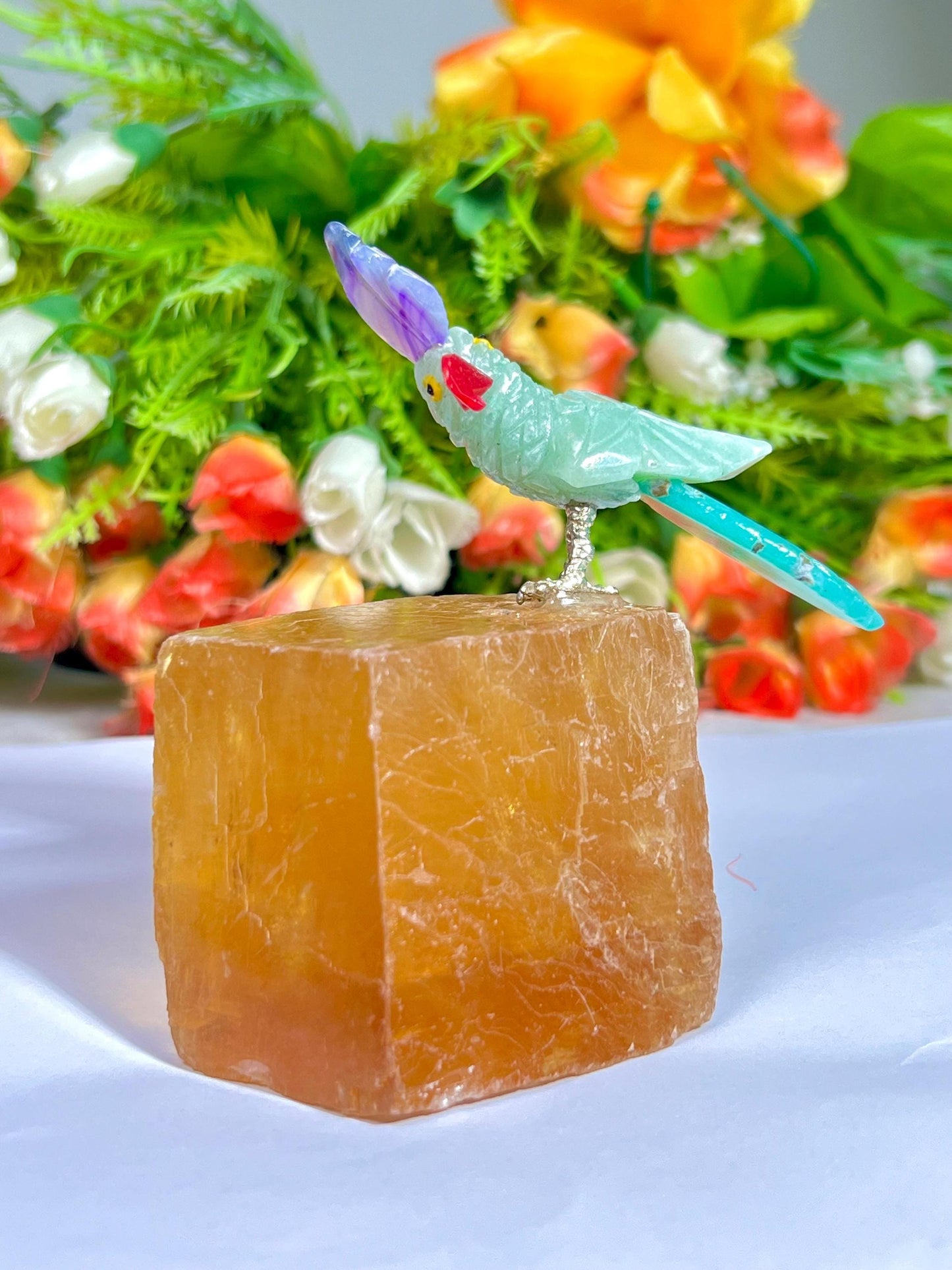 Beautiful Green Aventurine Parrot Bird On Honey Cubic Calcite - Healing Crystal - Home Decoration - Reiki Healing - Gift for All