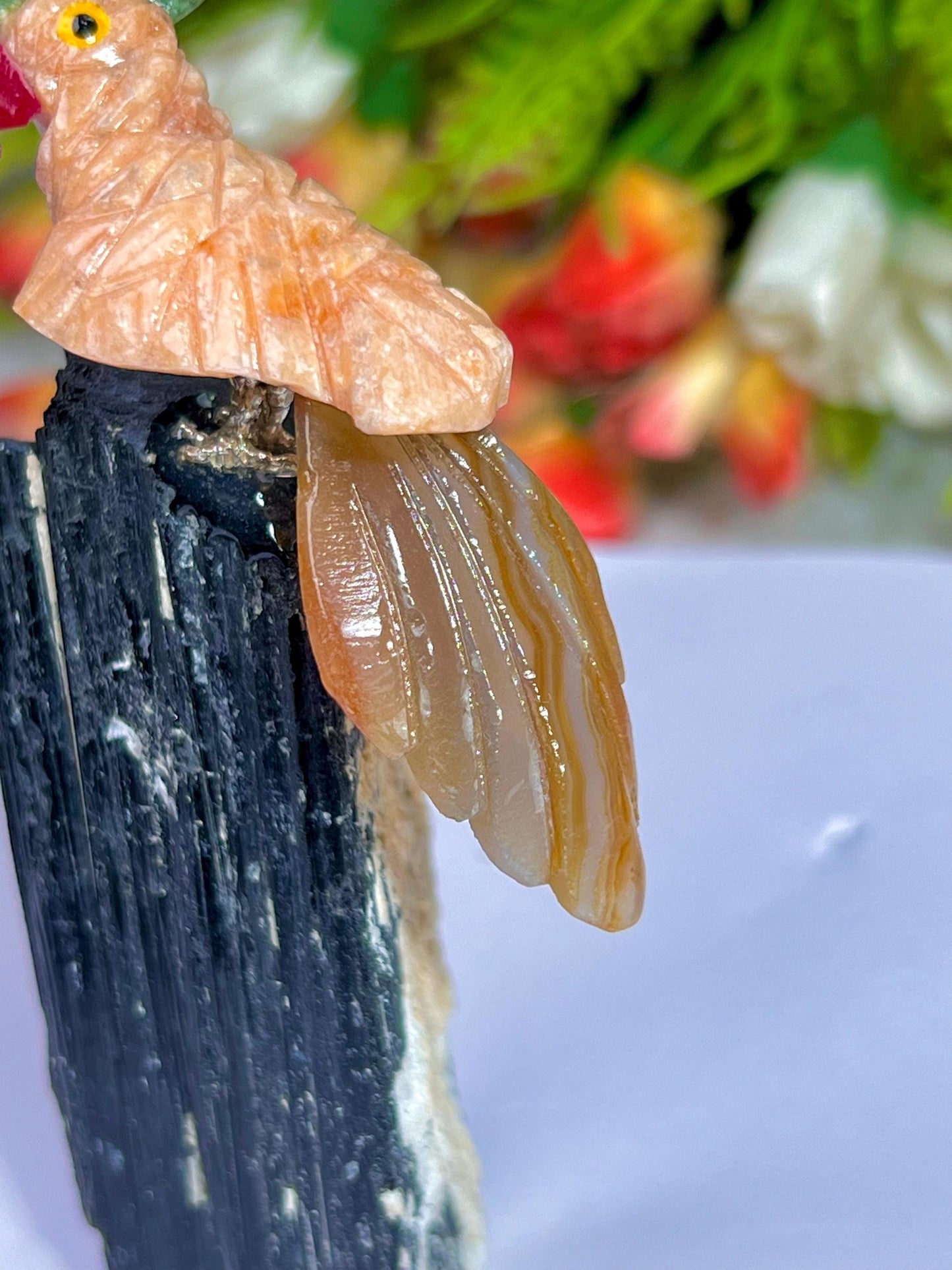 Beautiful Peach Moonstone Crystal Parrot Bird On Black Tourmaline Rough- Healing Crystal - Home Decoration - Reiki Healing - Gift for All