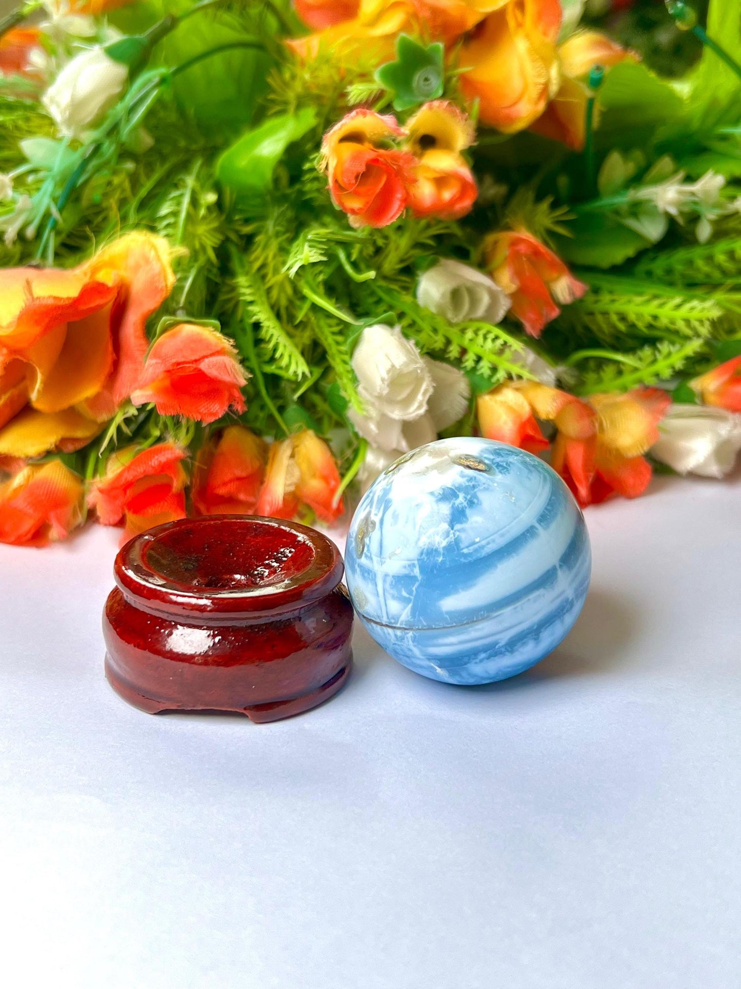 Blue Opal Stone Sphere 40 MM Crystal Ball Orb Pocket Stone Meditation Space Crystal Grid With wooden Stand