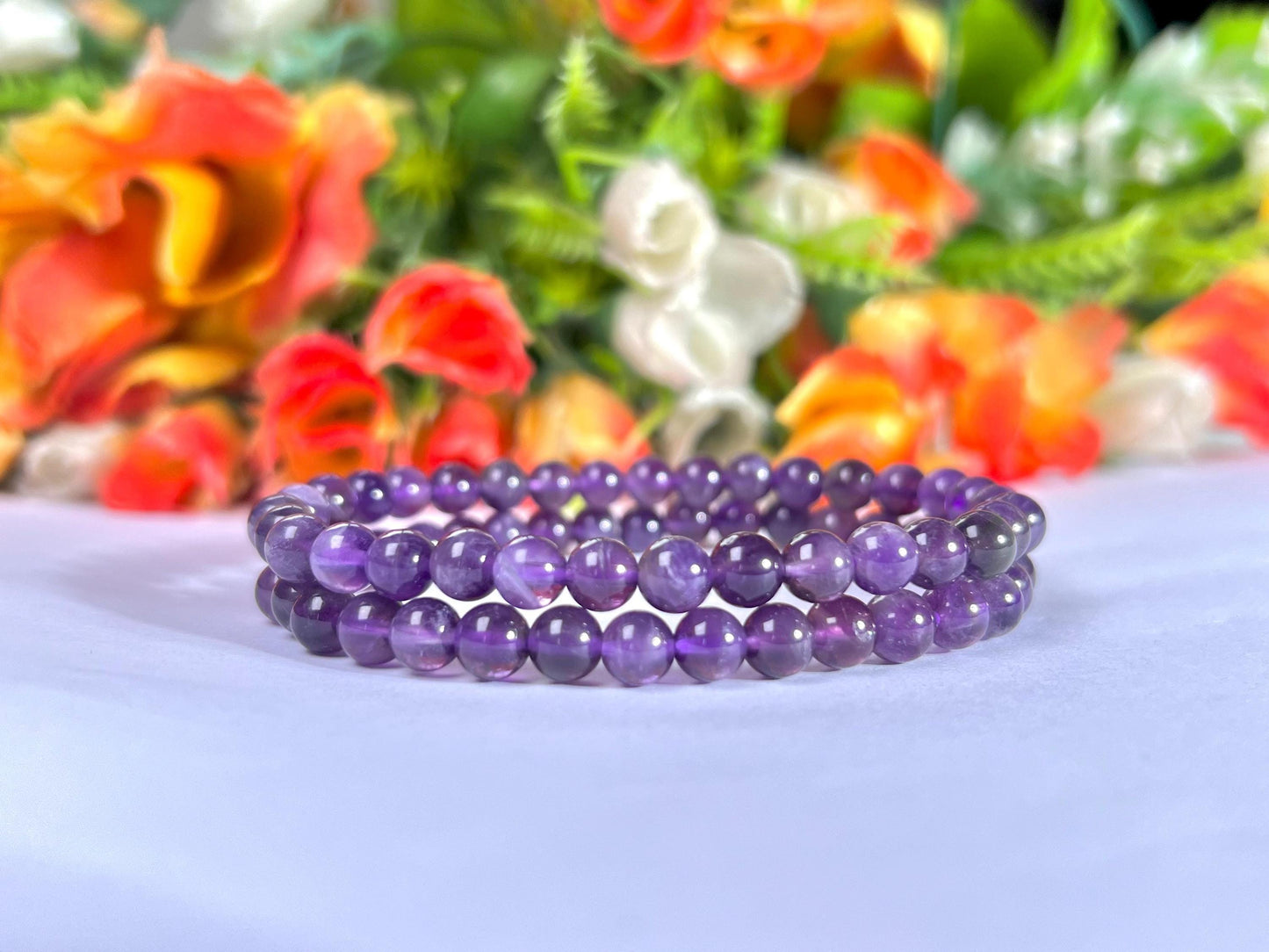 Amethyst Stone Round Beaded Bracelet 6 MM 8 MM 10 MM Stretch Bracelet