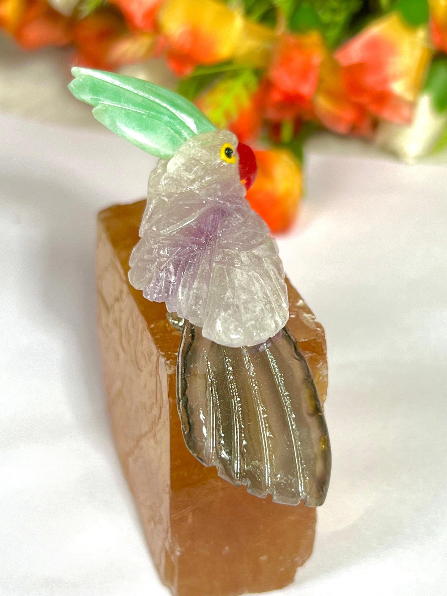 Beautiful Fluorite Stone Parrot Bird On Honey Cubic Calcite- Healing Crystal - Home Decoration - Reiki Healing - Gift for All