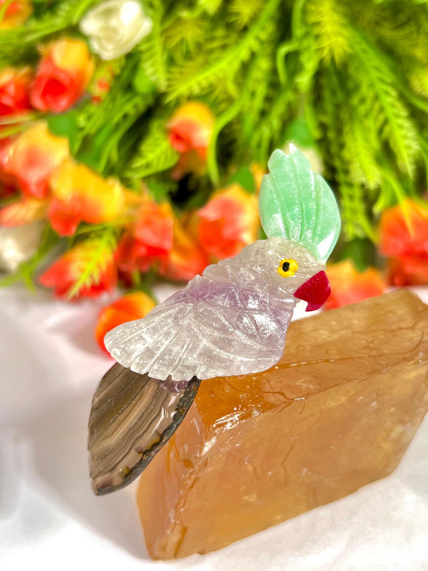 Beautiful Fluorite Stone Parrot Bird On Honey Cubic Calcite- Healing Crystal - Home Decoration - Reiki Healing - Gift for All