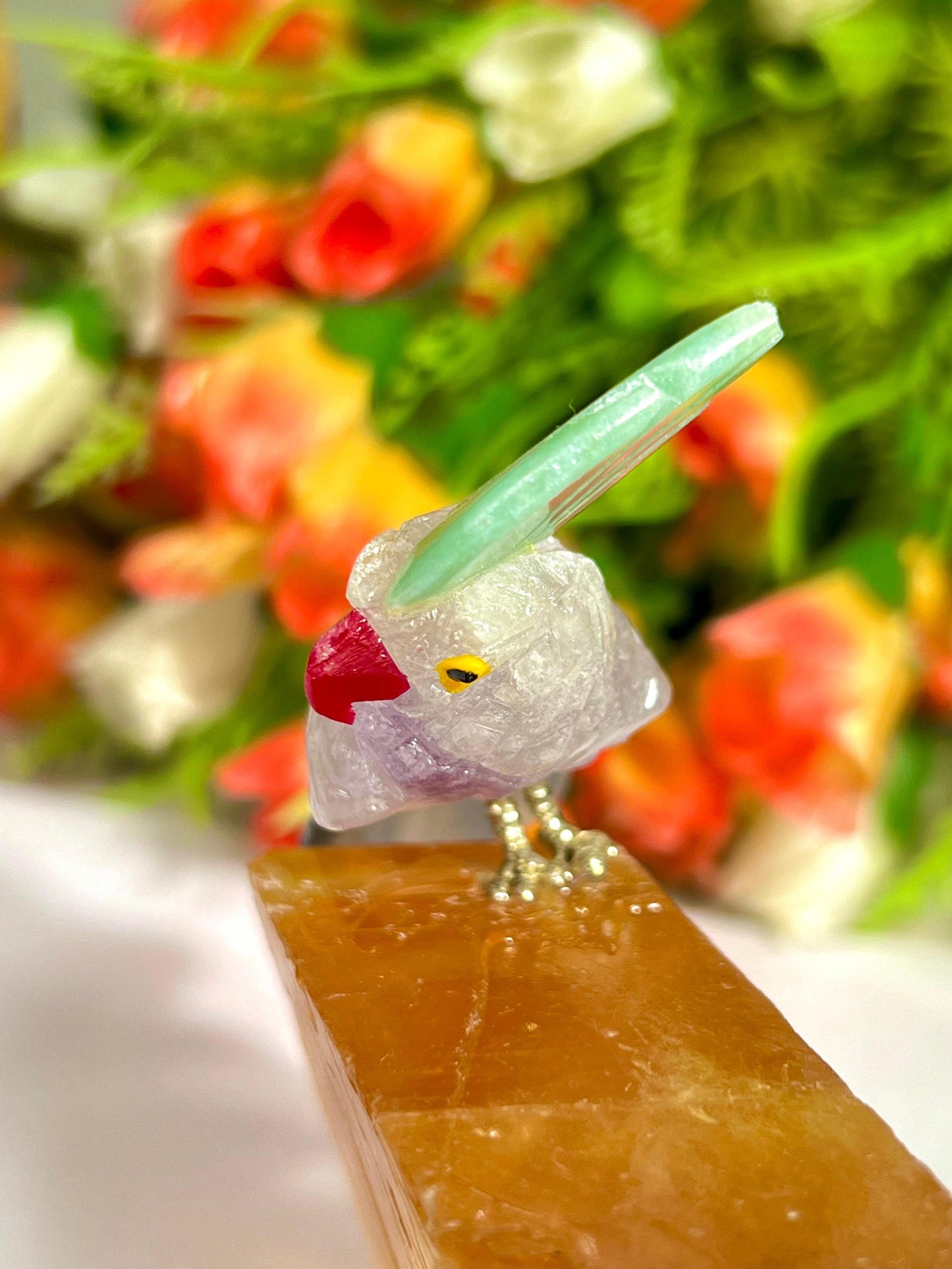 Beautiful Fluorite Stone Parrot Bird On Honey Cubic Calcite- Healing Crystal - Home Decoration - Reiki Healing - Gift for All