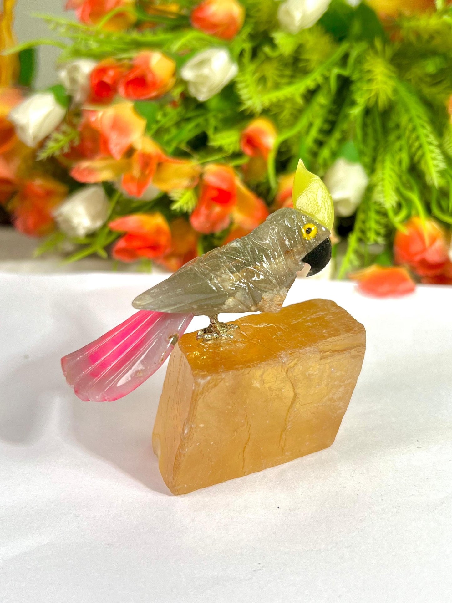 Beautiful Smoky Quartz Stone Parrot Bird On Honey Cubic Calcite- Healing Crystal - Home Decoration - Reiki Healing - Gift for All