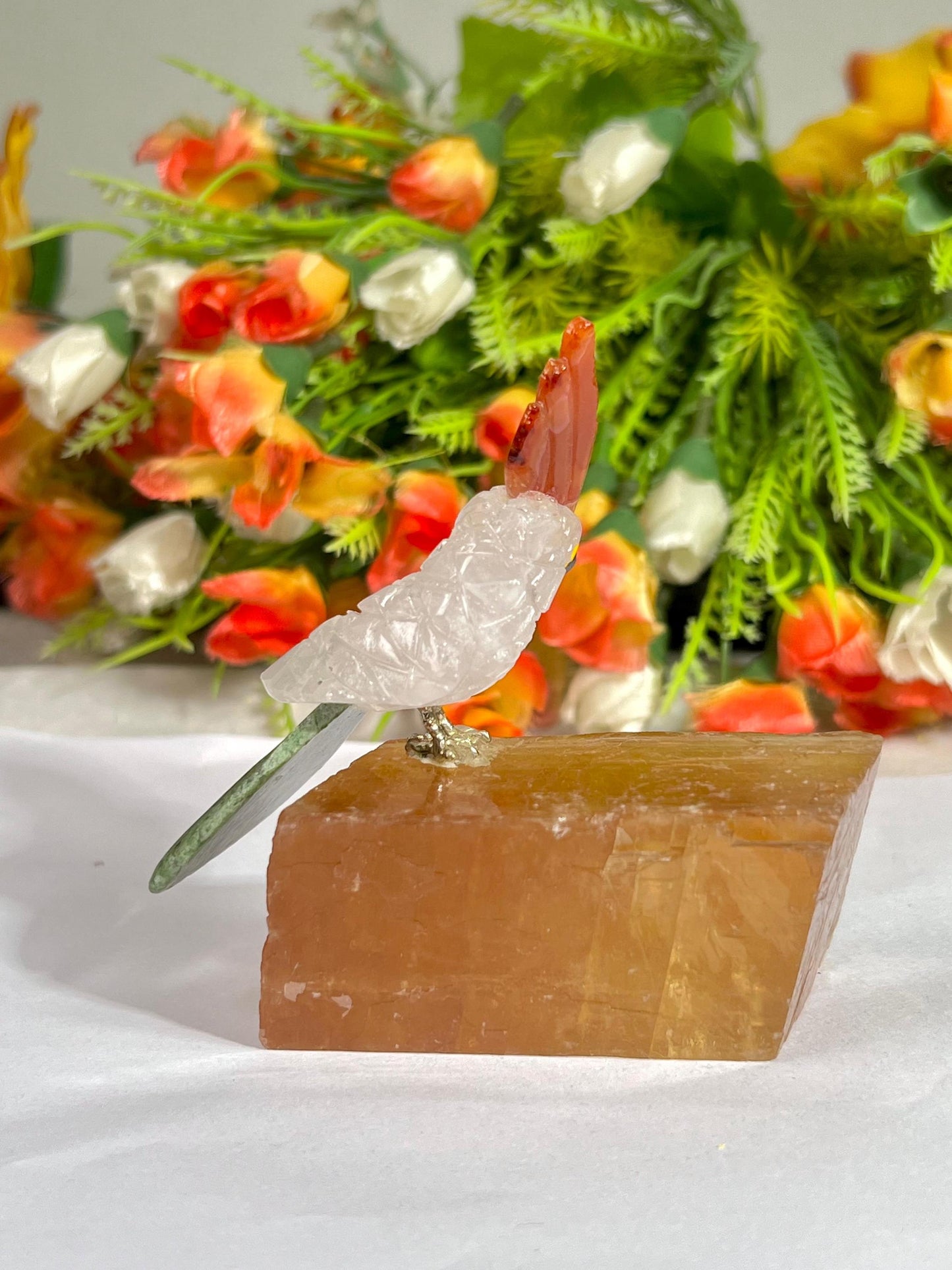 Beautiful Himalayan Crystal Parrot Bird On Honey Cubic Calcite- Healing Crystal - Home Decoration - Reiki Healing - Gift for All