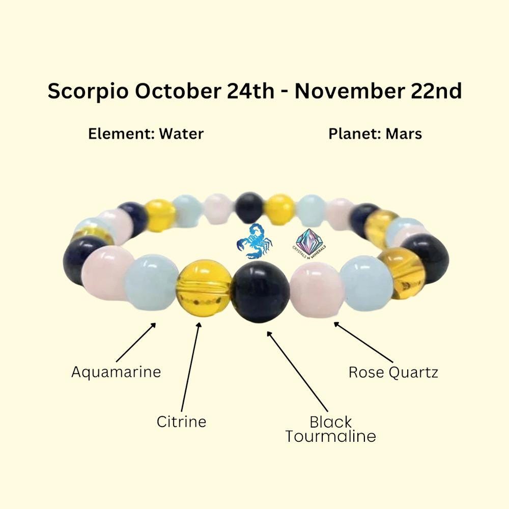 Scorpio Zodiac Sign Stone Bracelet Planet Mars Element Water Bracelet Aquamarine ,Citrine , Black Tourmaline, Rose Quartz Bracelet 8 mm