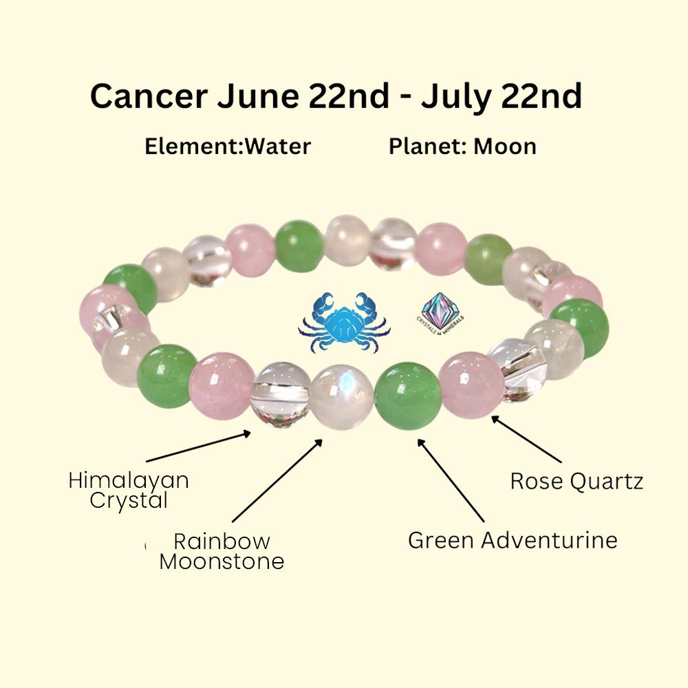 Cancer Zodiac Sign Stone Bracelet Planet Moon Bracelet Element Water Bracelet Moonstone, G Aventurine, Rose Quartz, H Crystal Bracelet 8 mm